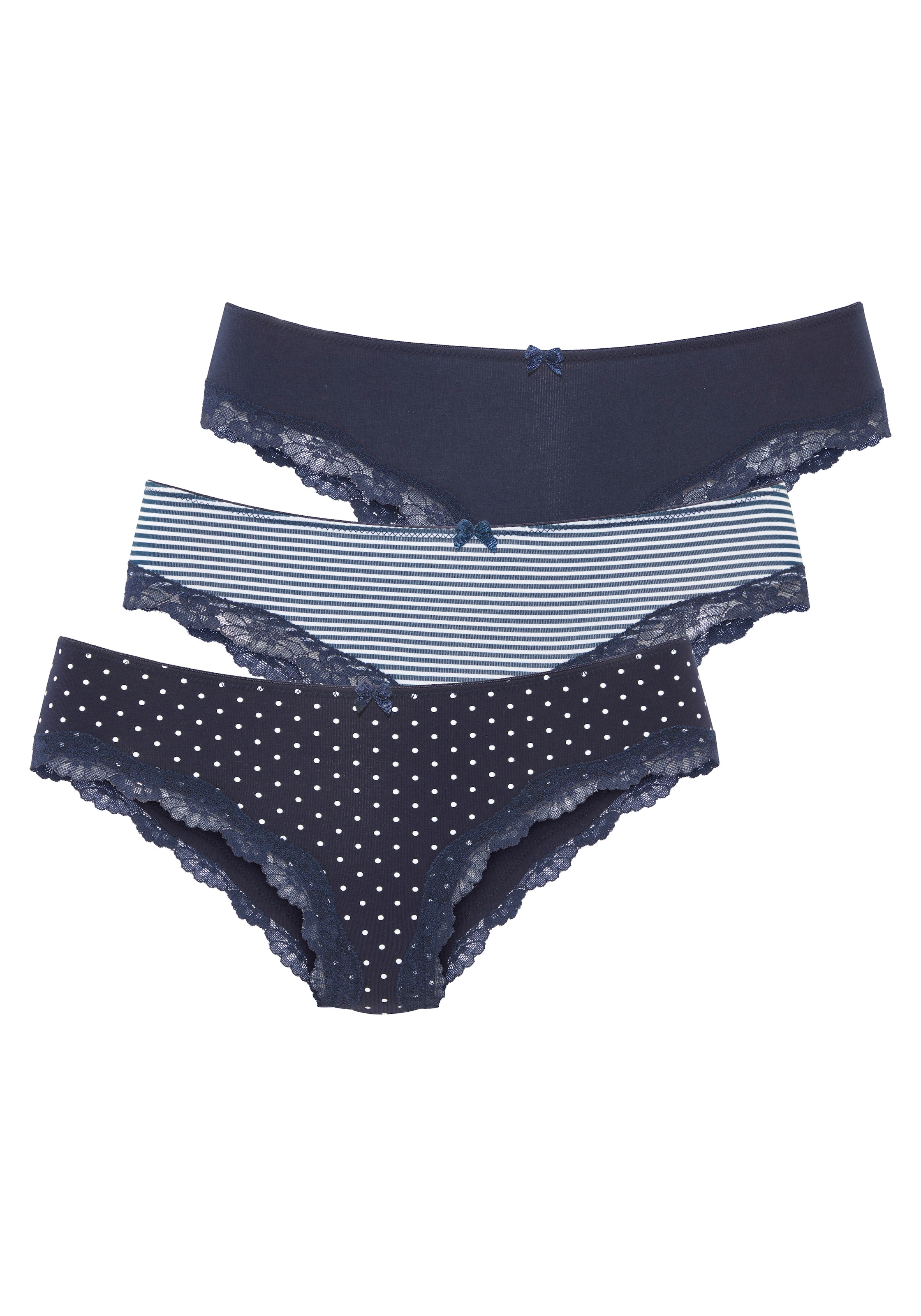 LASCANA Slip 3er-Pack,  aus elastischer Baumwolle mit zarter Spitze