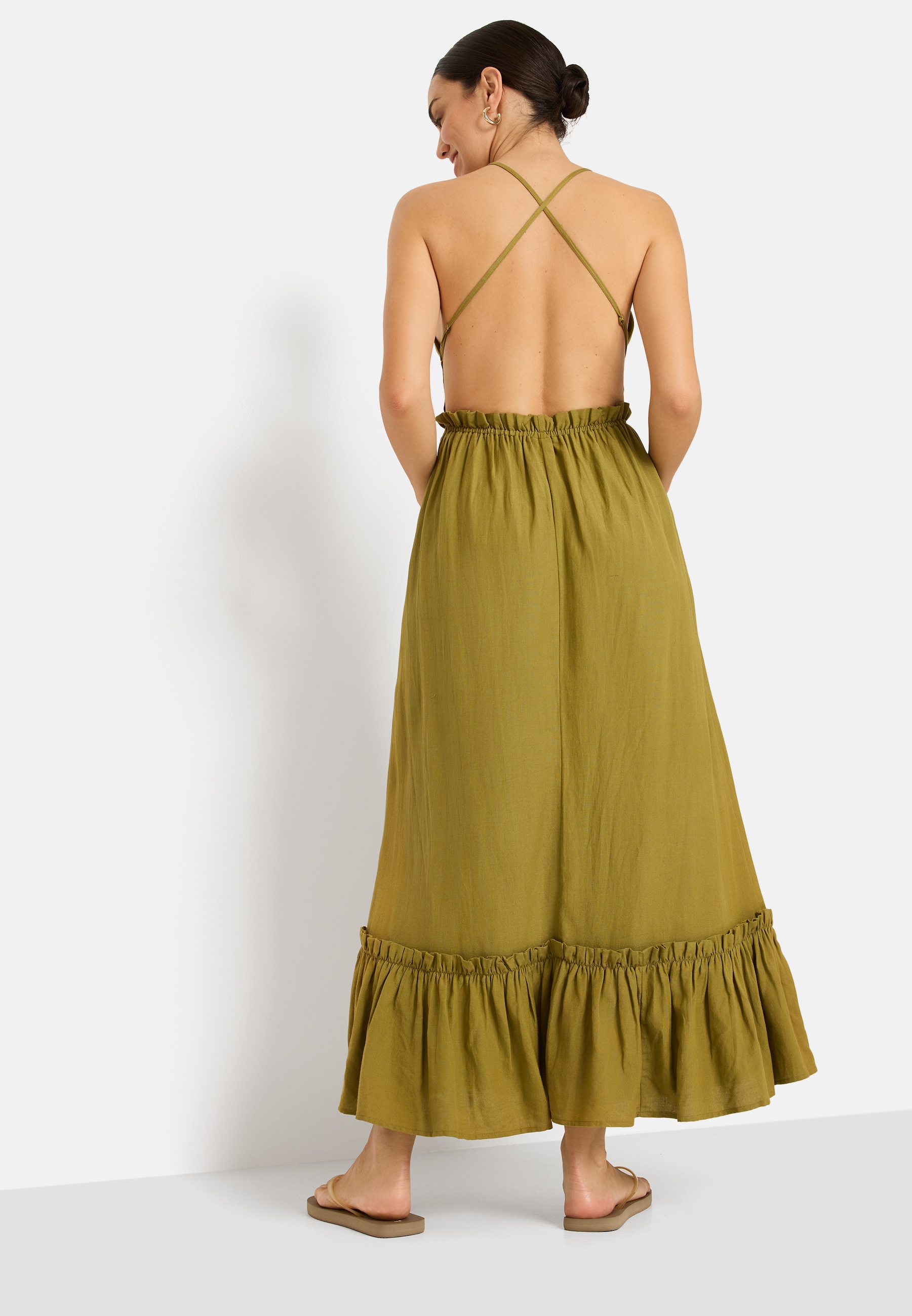 LSCN by LASCANA Maxikleid Ohne Taschen aus Webware mit Leinenanteil, Strandkleid, Boho-Kleid