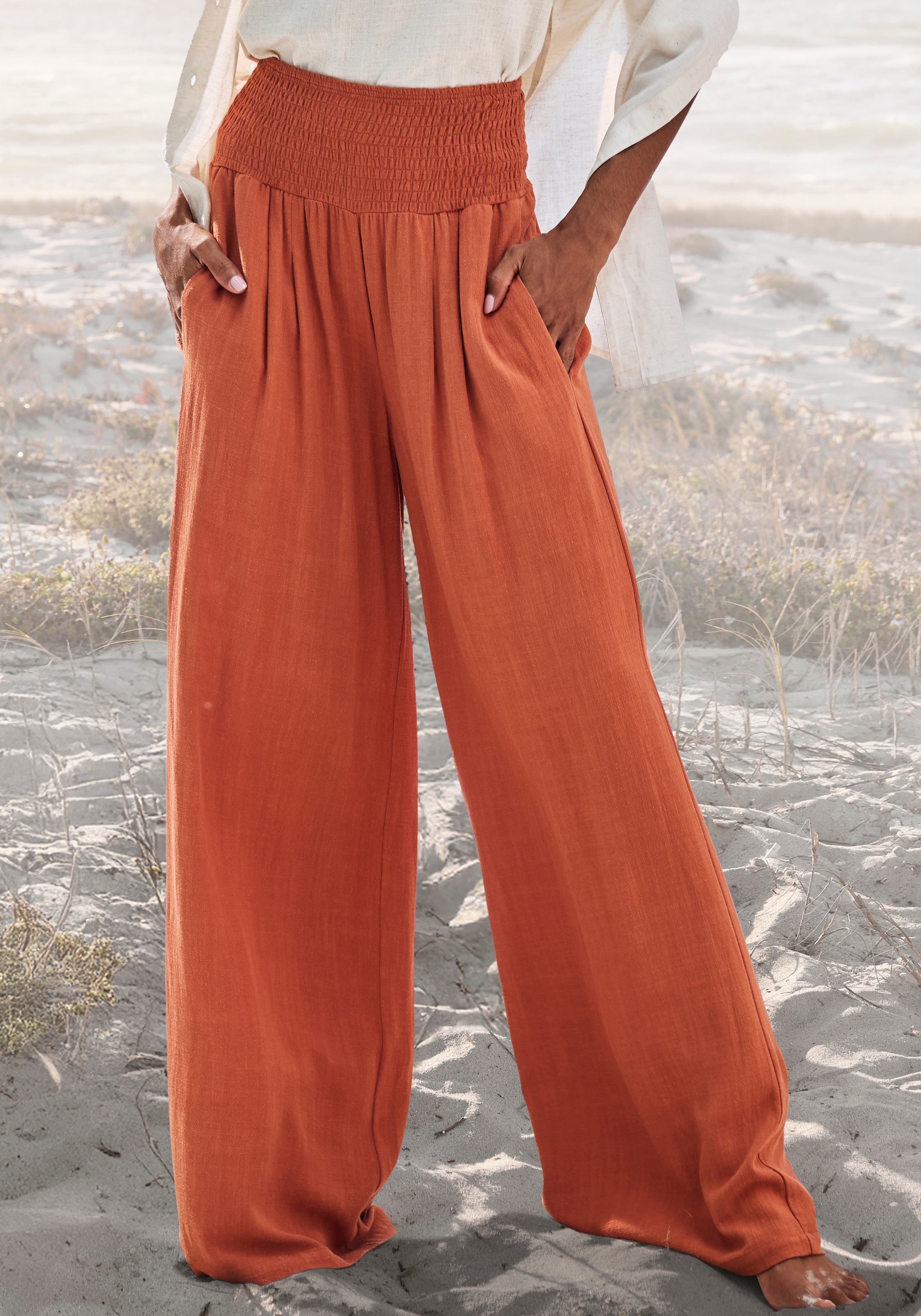 French Connection Leinenhose  mit gerafftem Bund, weite Palazzohose für den Sommer