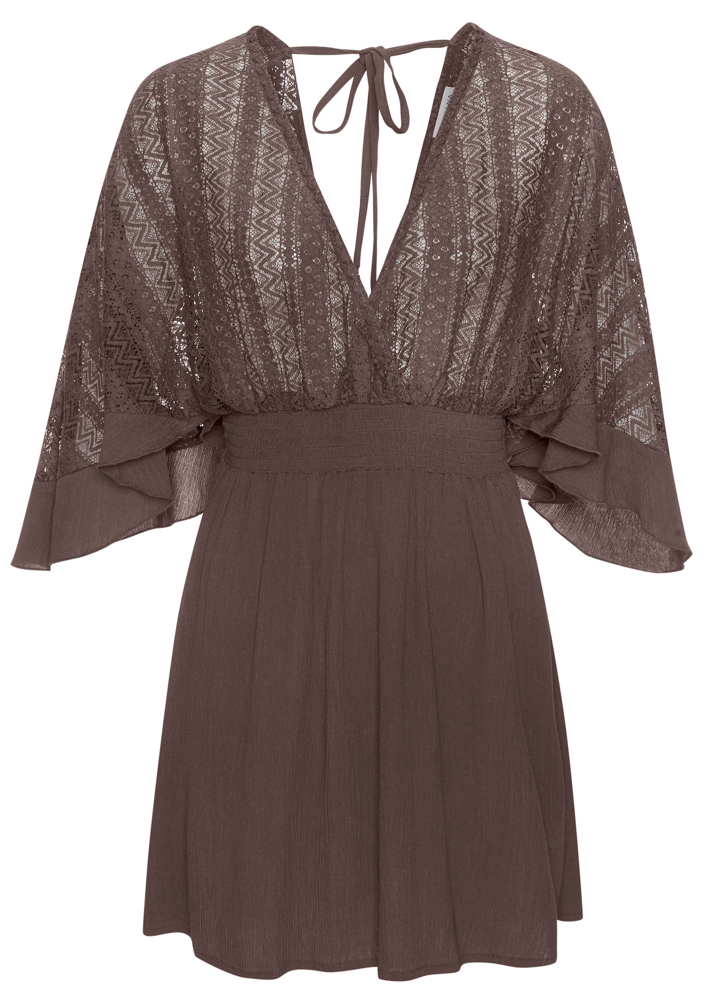LASCANA Tunikakleid »mit weiten Ärmeln, Oberteil aus Spitze, aus leichtem Viskose-Crepe« Ohne Taschen Beachkleid, luftiges Strandkleid, Minikleid, Boho-Kleid, Festival