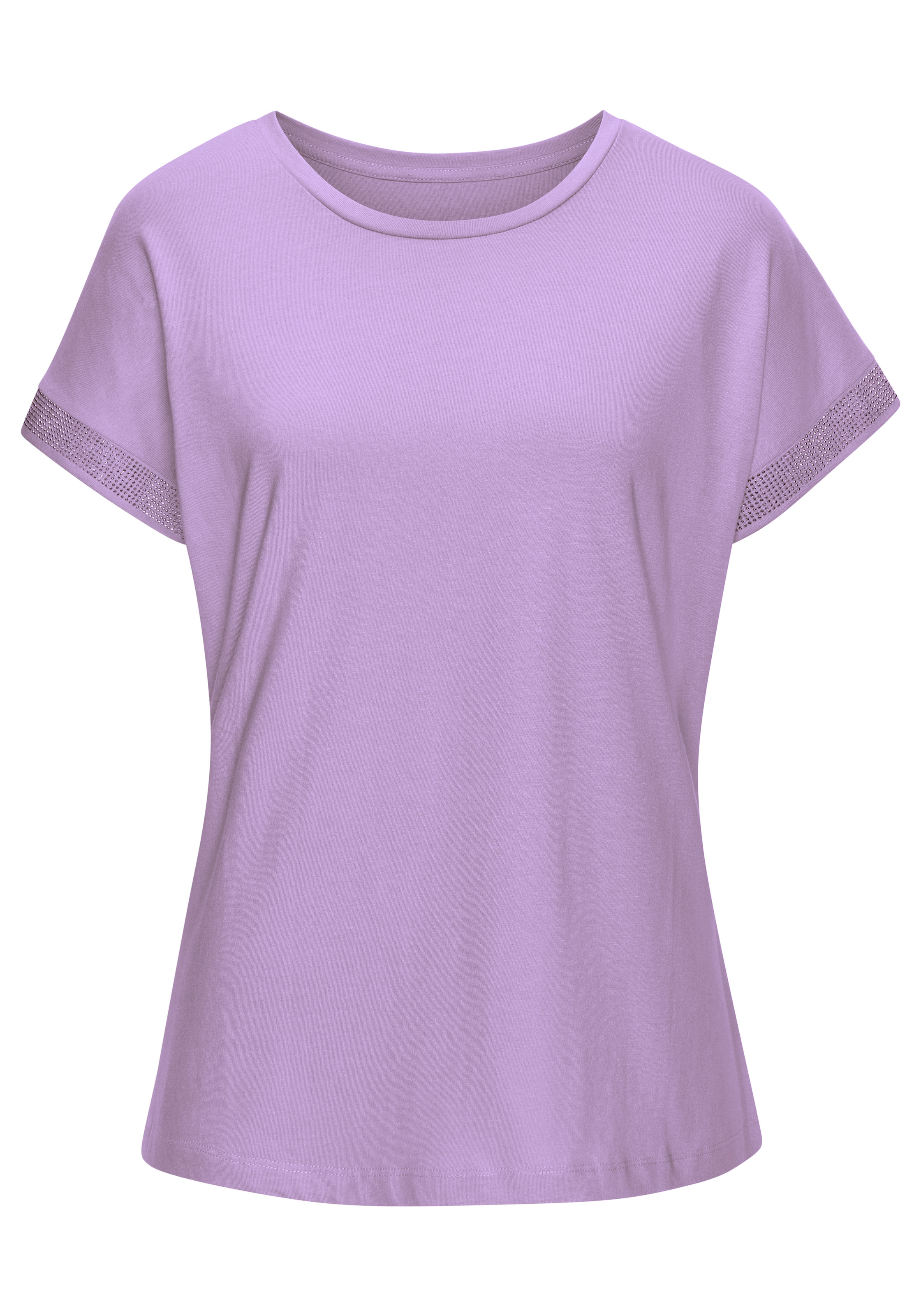 LASCANA Kurzarmshirt »mit glitzernem Strass-Design am Arm«, aus weicher Baumwoll-Qualität