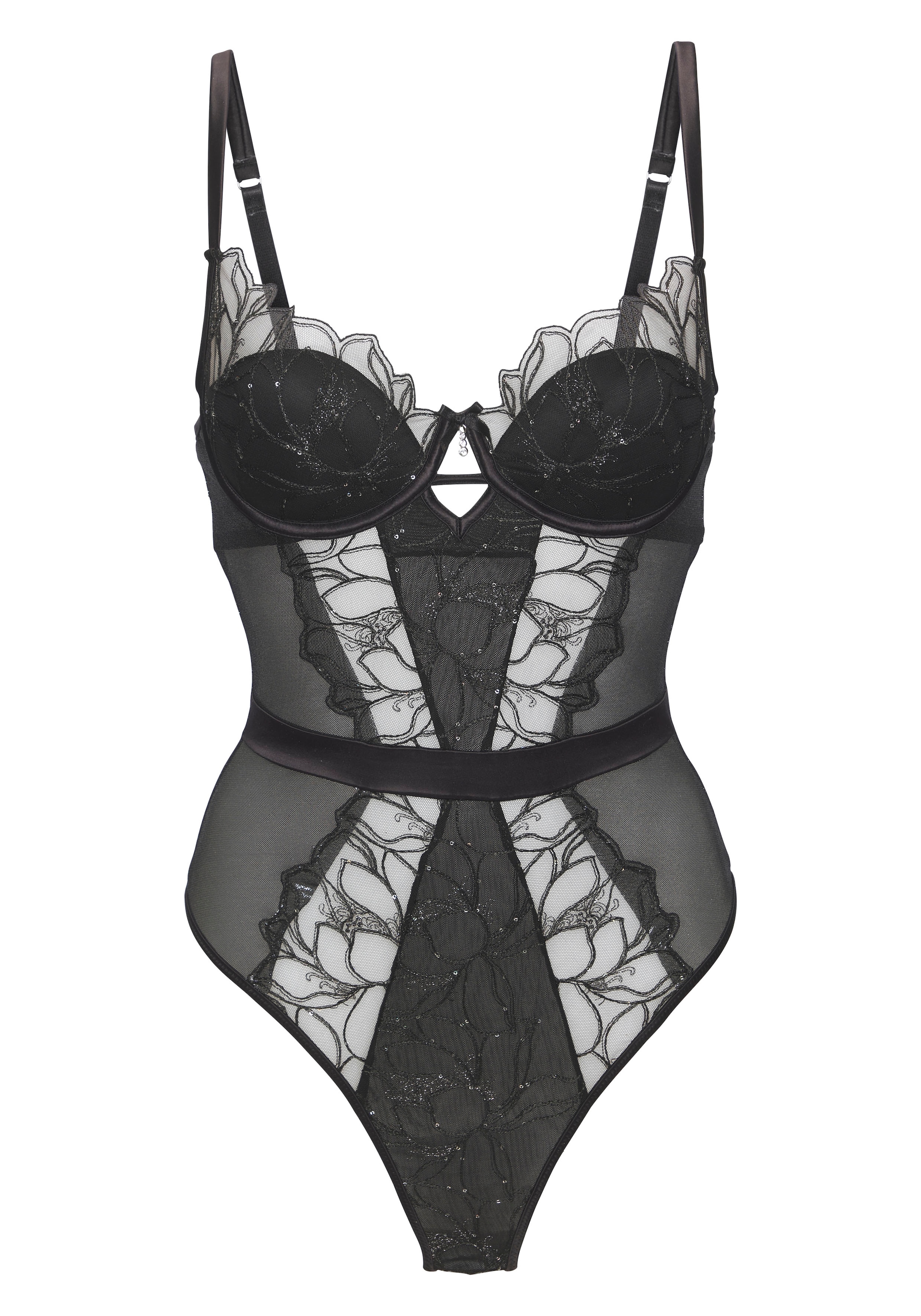 LASCANA Stringbody, aus edler Spitze und schimmerndem Soft-Mesh, sexy Dessous