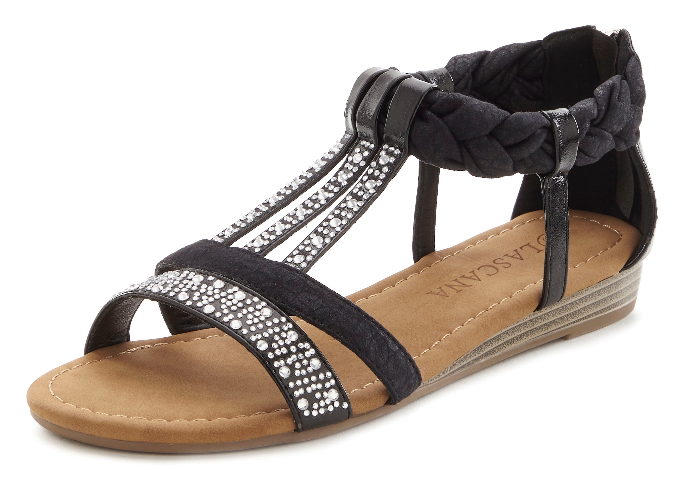 LASCANA Sandale »Sommerschuh, Sandalette«, mit Glitzersteinen und kleinem Keilabsatz im Festival-Look VEGAN