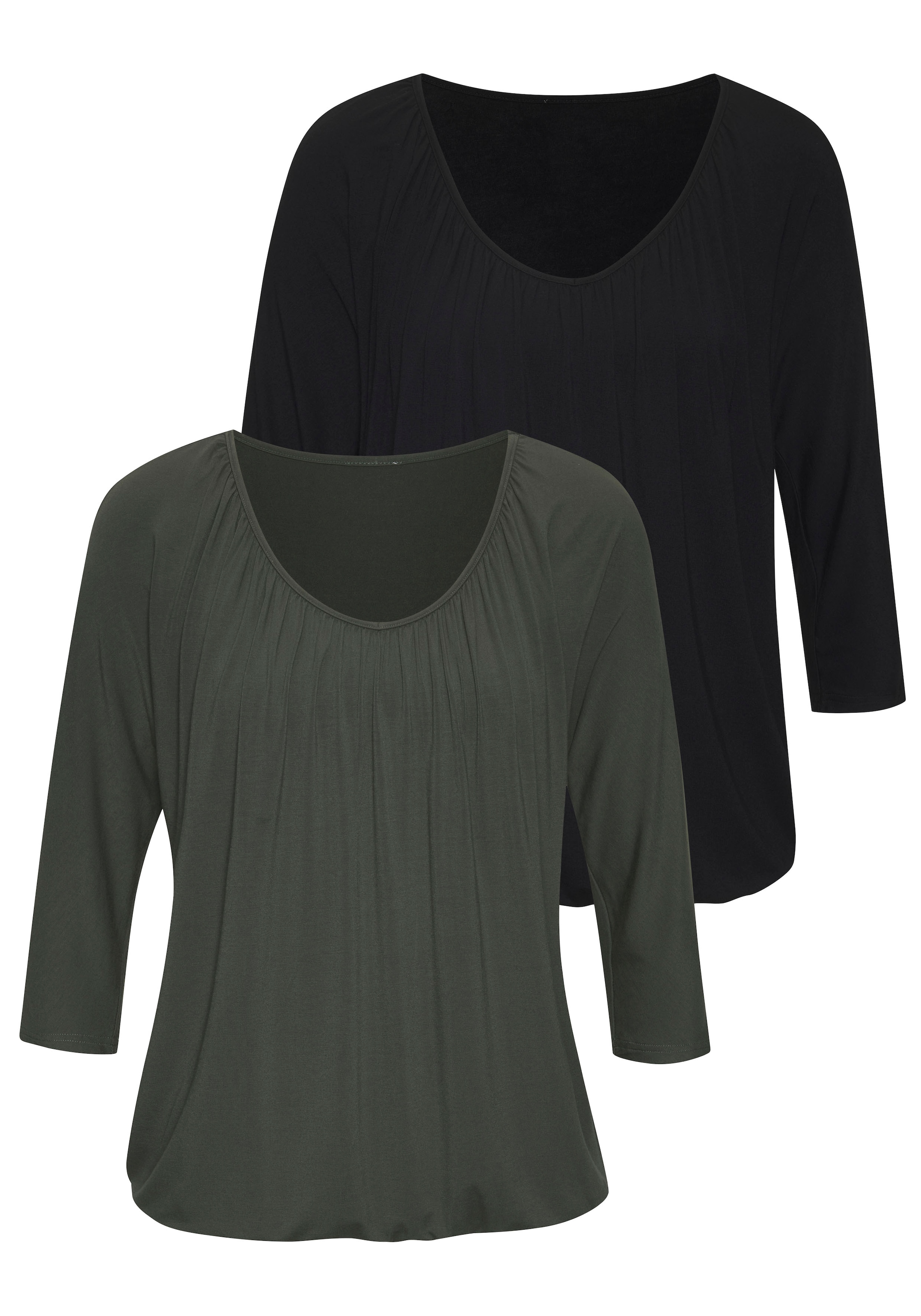 LASCANA 3/4-Arm-Shirt »mit zarter Raffung am Ausschnitt«, (2er-Pack), aus weichem Viskose-Stretch