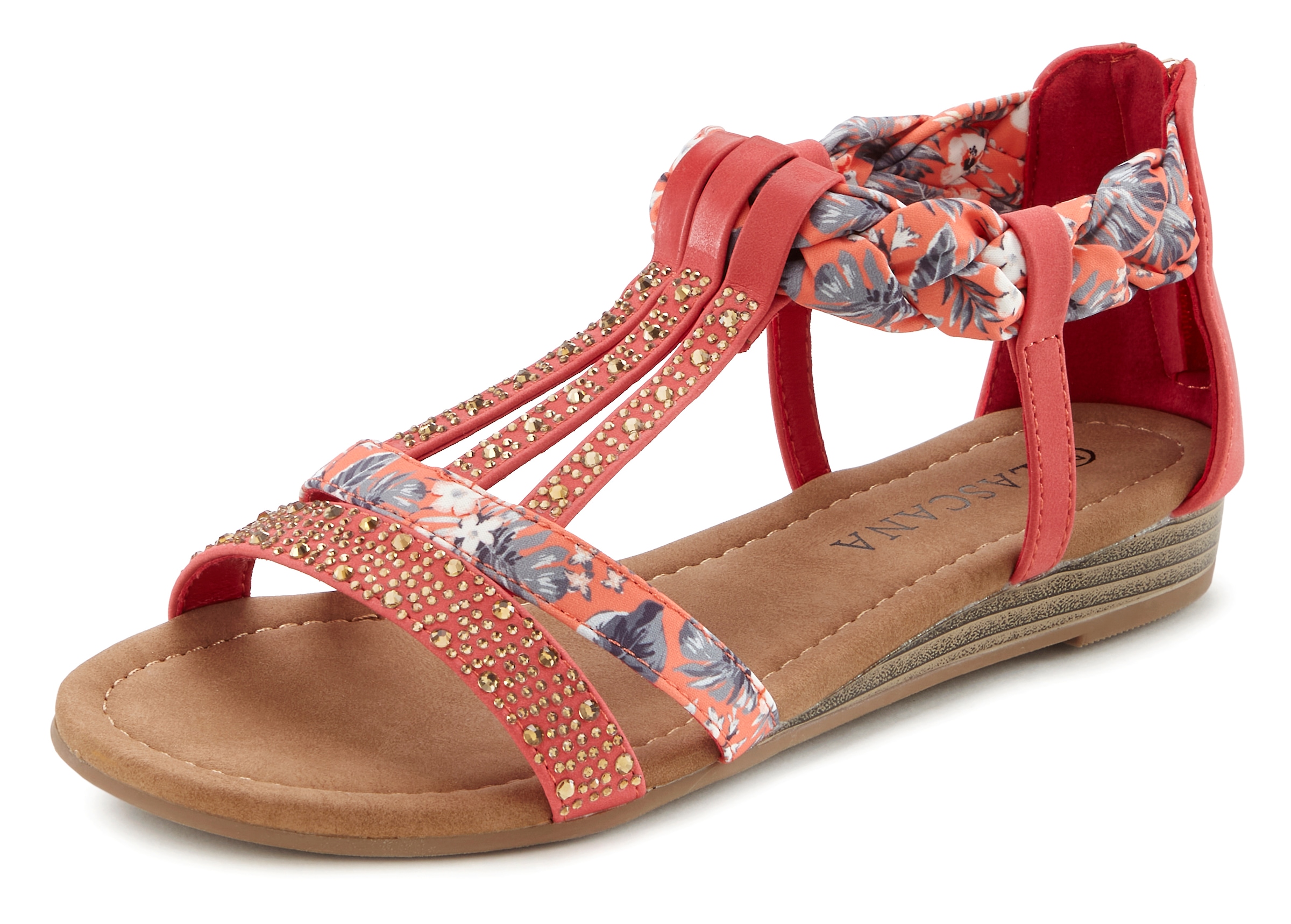 LASCANA Sandale »Sommerschuh, Sandalette,«, mit Verzierung und kleinem Keilabsatz im Festival-Look VEGAN