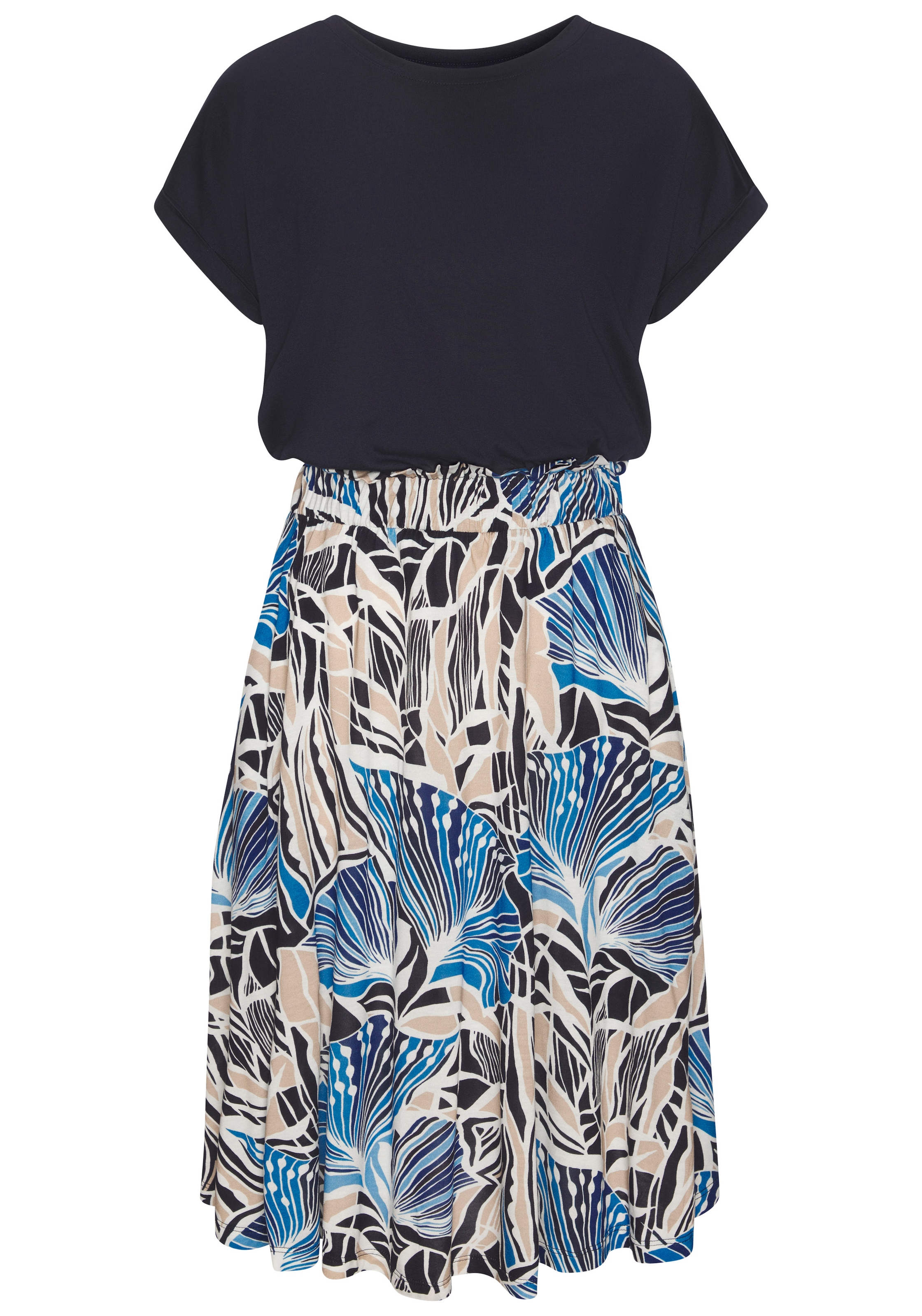 LASCANA Jerseykleid mit Paperbag-Bund und bedrucktem Rock, kurzärmliges Sommerkleid