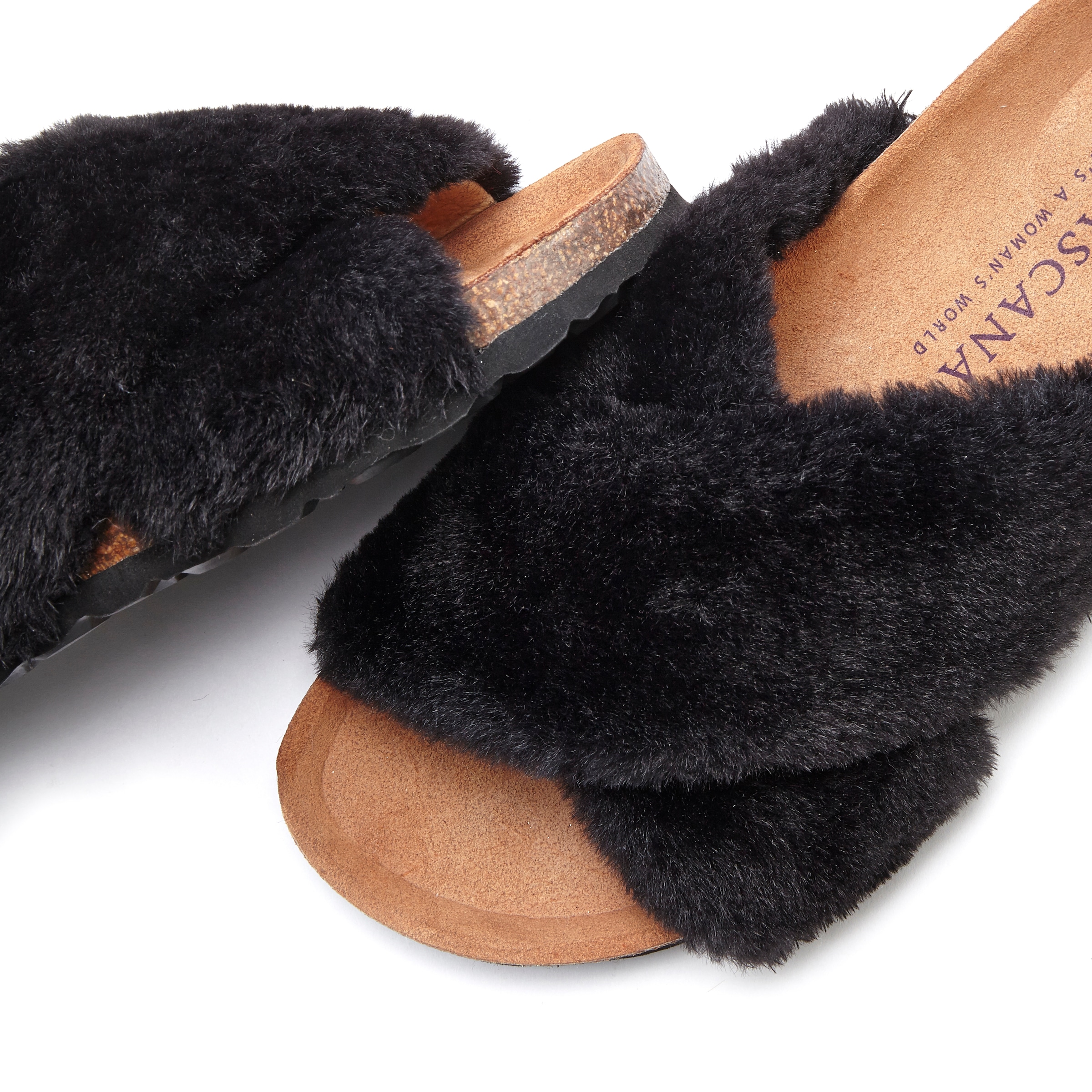 LASCANA Pantolette »Hausschuh, Mule, Sandale, offener Schuh,«, mit Korkfußbett und Fellimitat