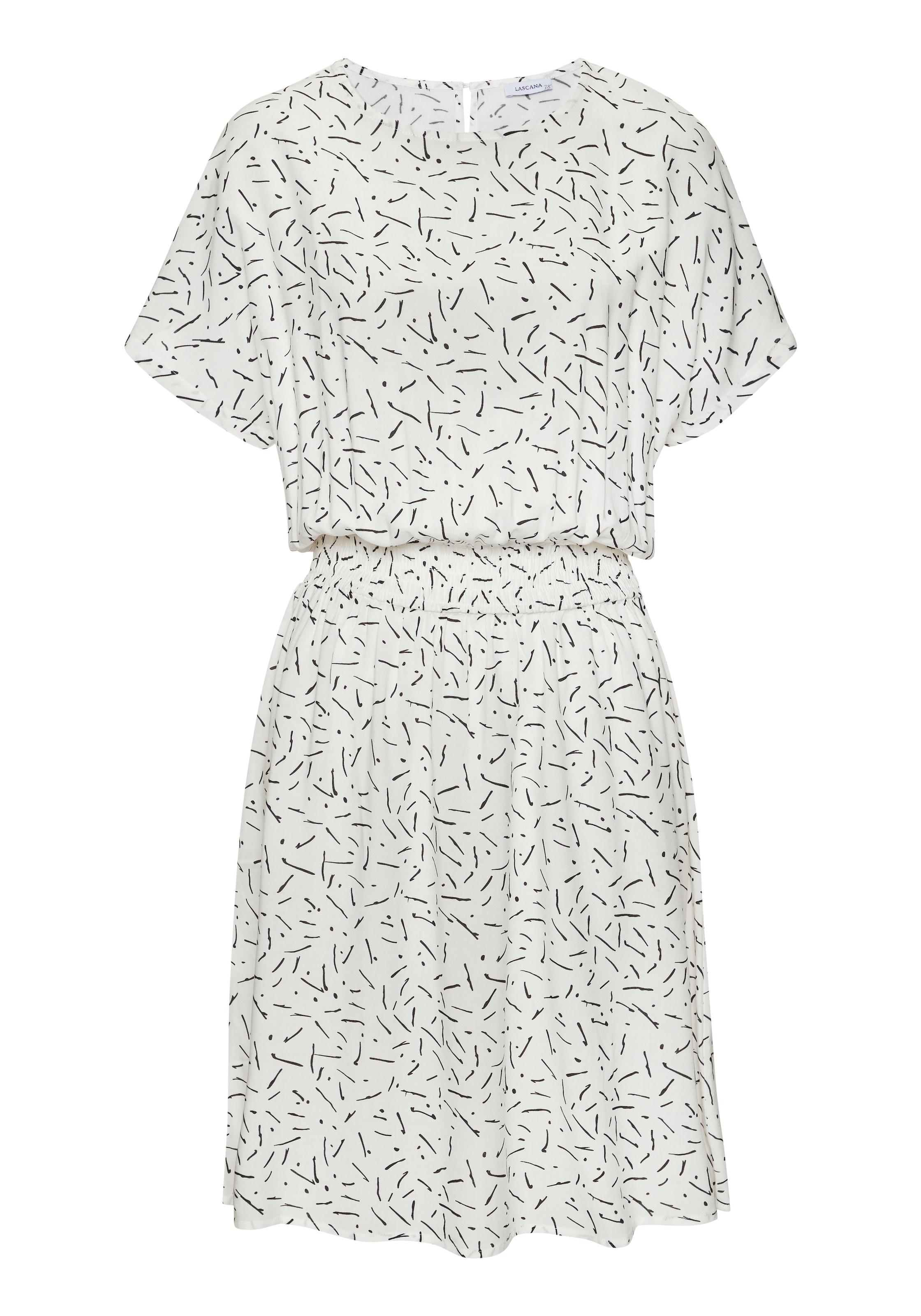LASCANA Sommerkleid »in lässiger Form mit kurzen Ärmeln« Ohne Taschen Webkleid aus Viskose, Viskosekleid mit grafischem Druck, kurzes Kleid