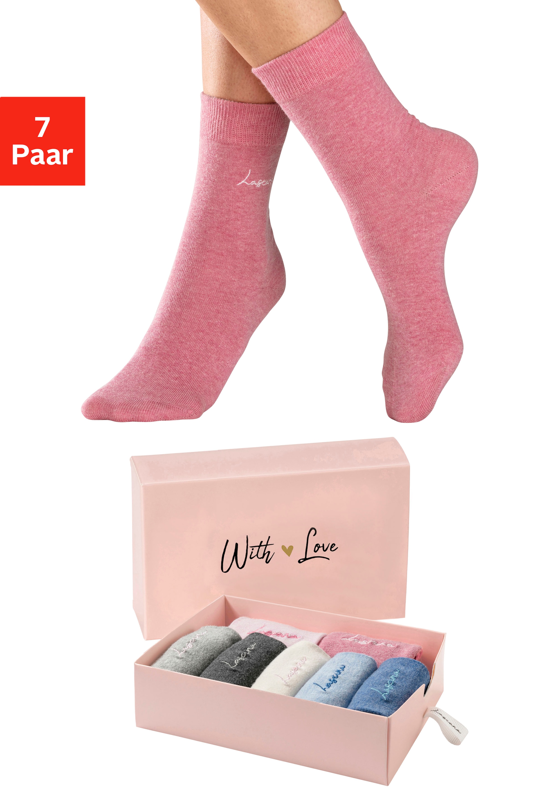 LASCANA Basicsocken, (Box, 7 Paar), mit hochwertiger Logo Stickerei