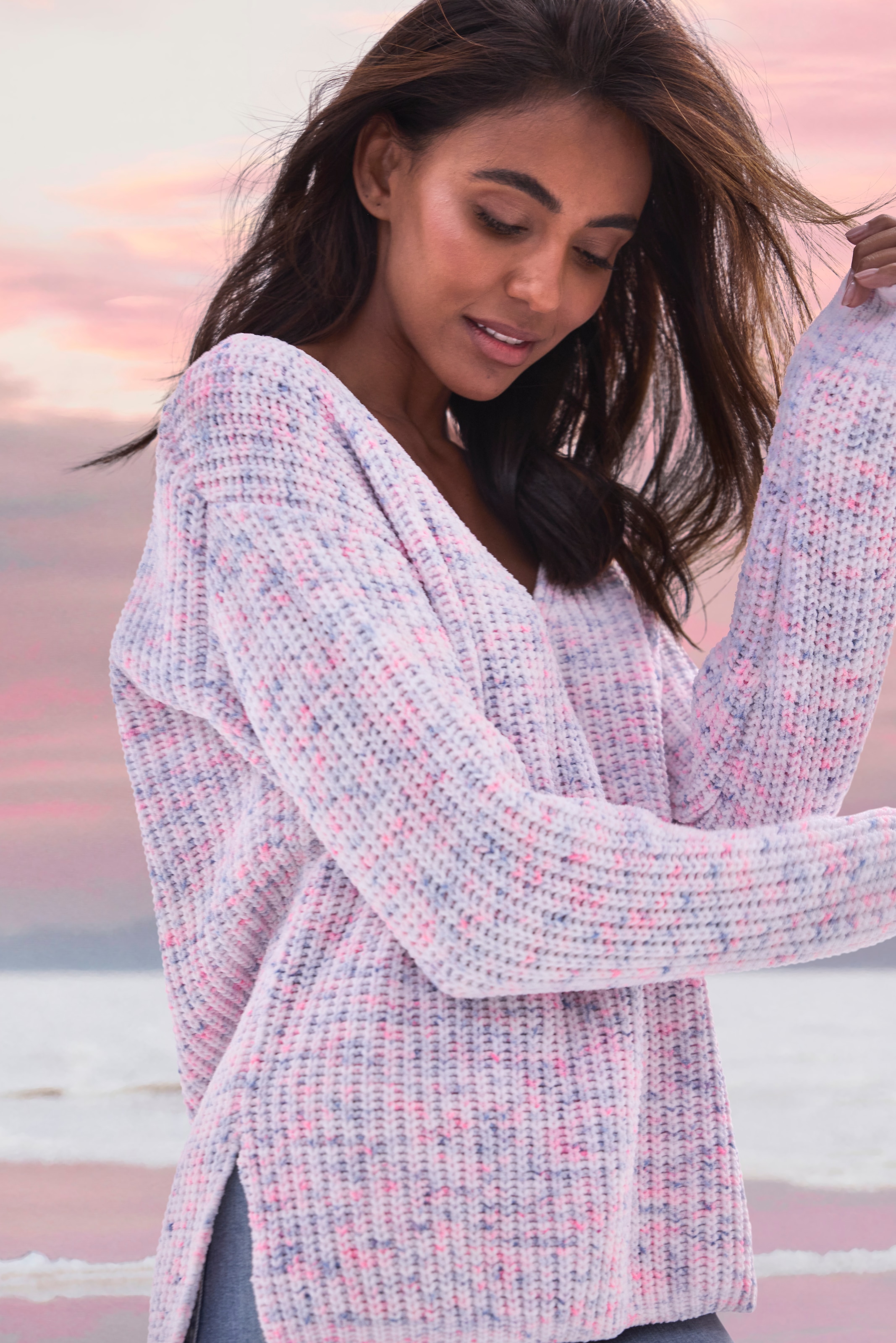 Buffalo V-Ausschnitt-Pullover , aus weichem Chenille, Strickpullover, kuschelig weich
