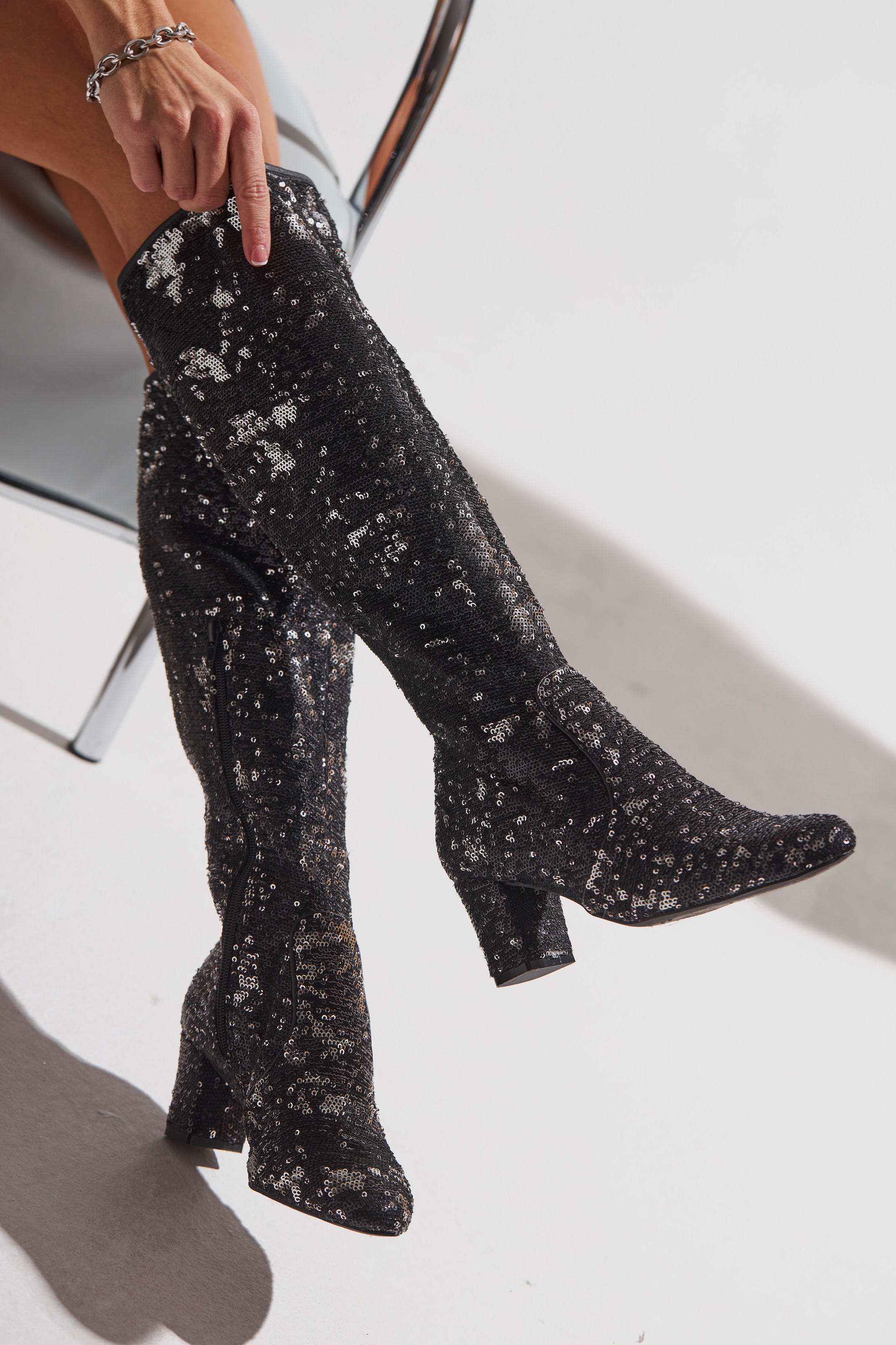 LASCANA Belle Affaire Stiefel »Paillettenverzierter Langschaftstiefel,«, Langer Stiefel, Stiefelette, Blockabsatz