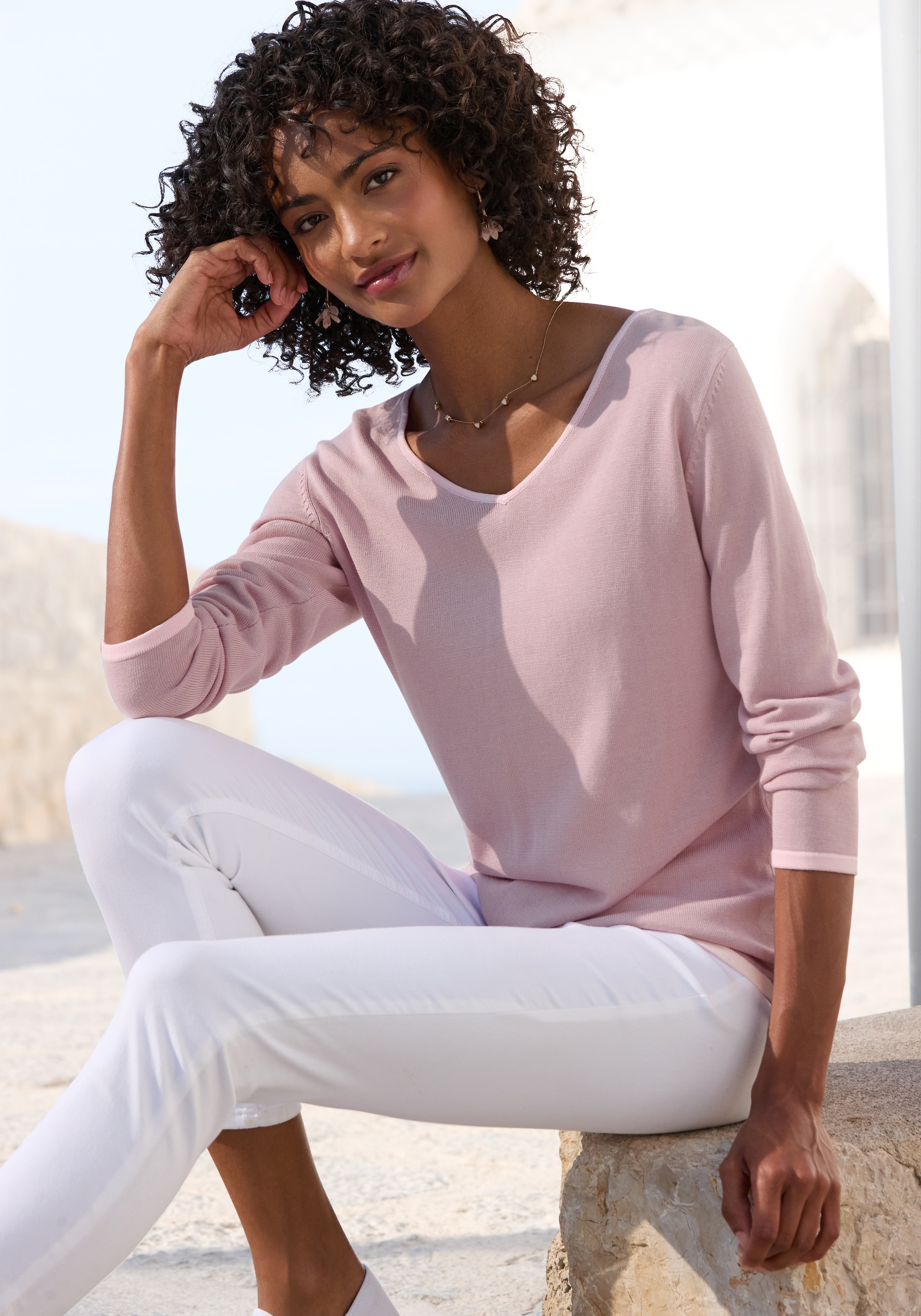 Vivance V-Ausschnitt-Pullover mit Kontrastkanten, Basic-Pullover aus weichem Feinstrick, casual