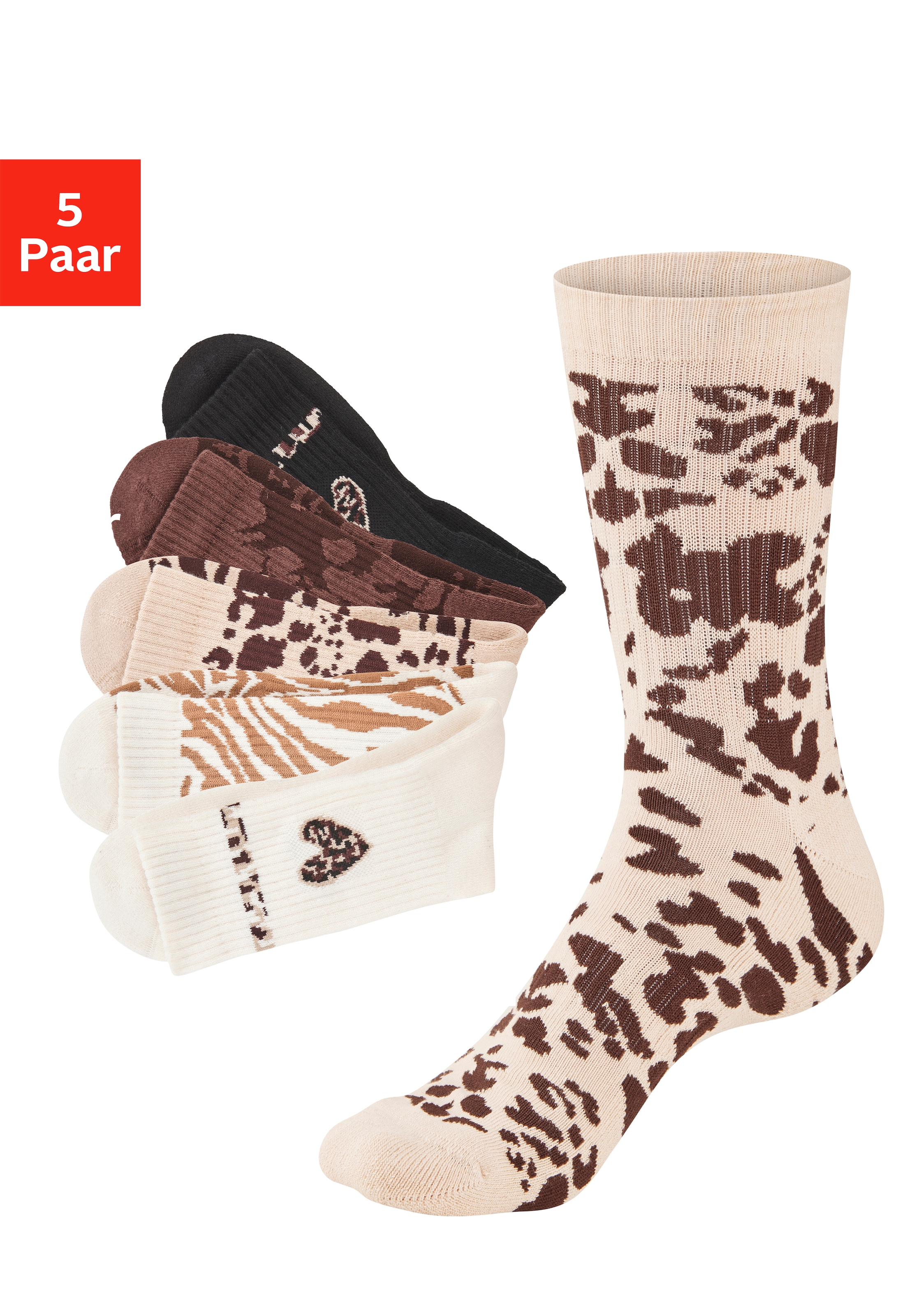 Buffalo Tennissocken »Damen Fußfrottee Sportsocken; modisch« Packung, 5 Paar tlg. in unterschiedlichen Animal Muster Designs