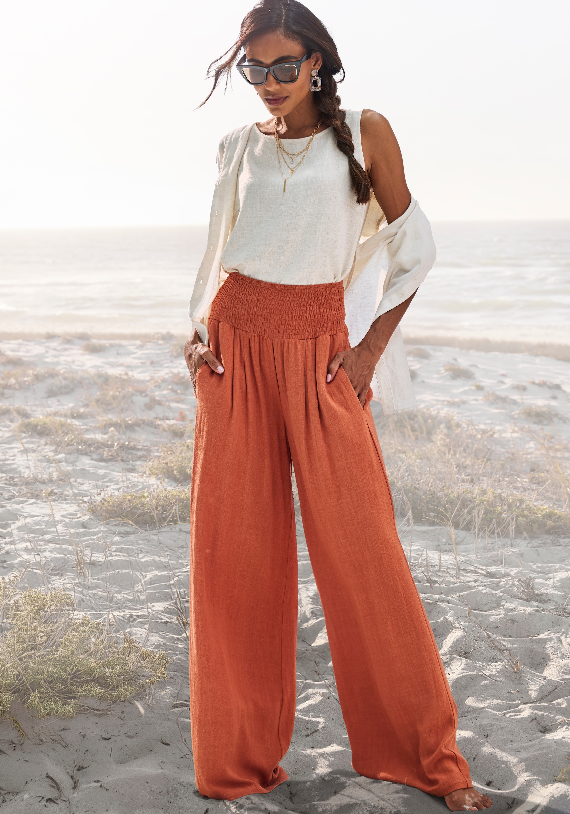 French Connection Leinenhose  mit gerafftem Bund, weite Palazzohose für den Sommer