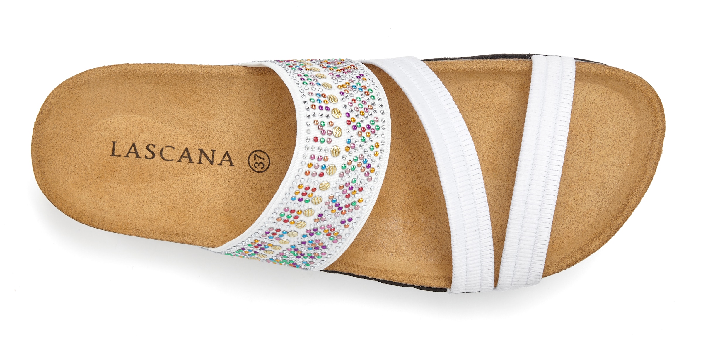 LASCANA Pantolette »Mule, Sandale, offener Schuh, Sommerschuh,«  mit Komfortkorkfußbett aus Leder und elastischen Riemen