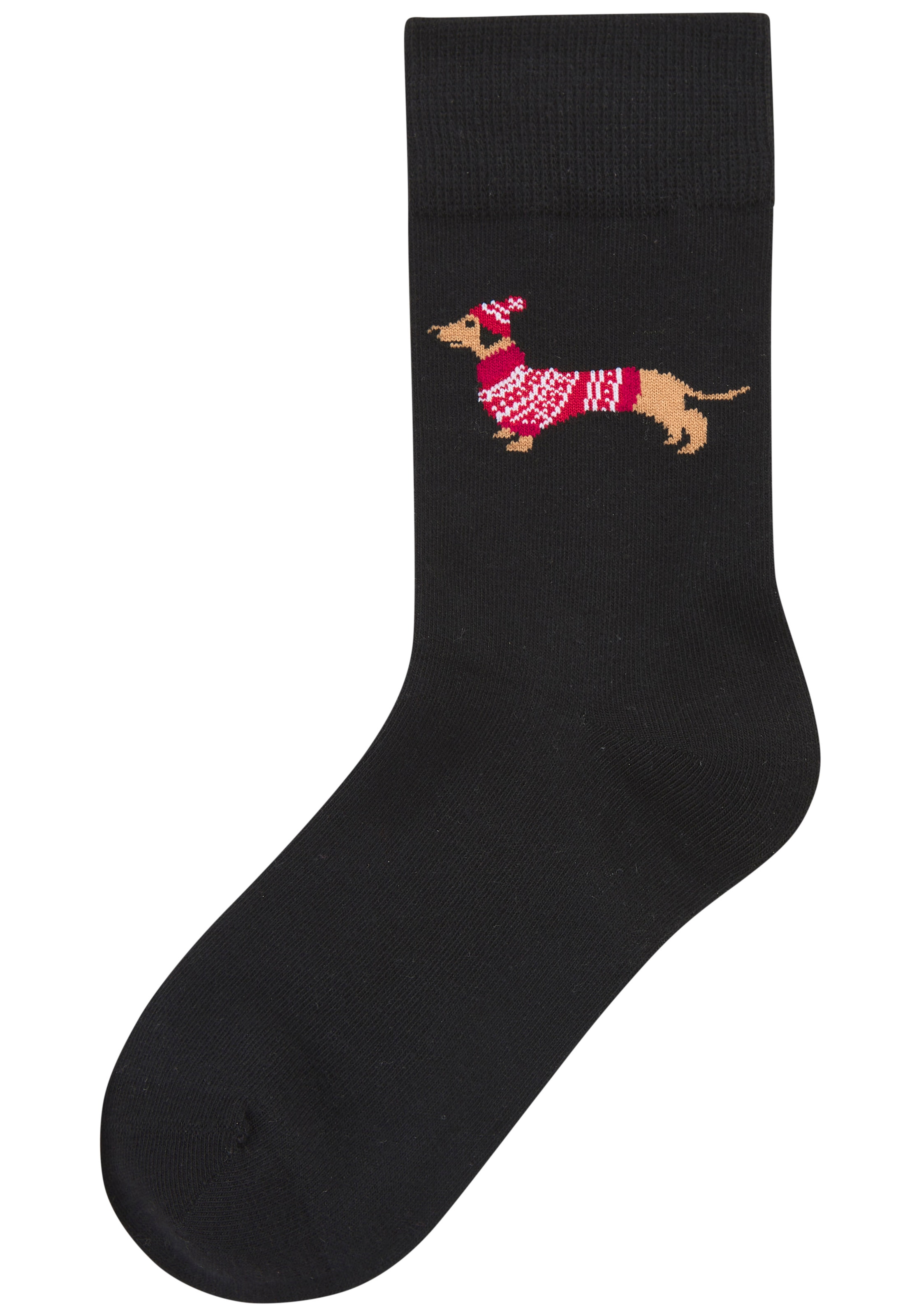 LASCANA Socken Packung, 3 Paar tlg. mit weihnachtlichem Dackelmotiv