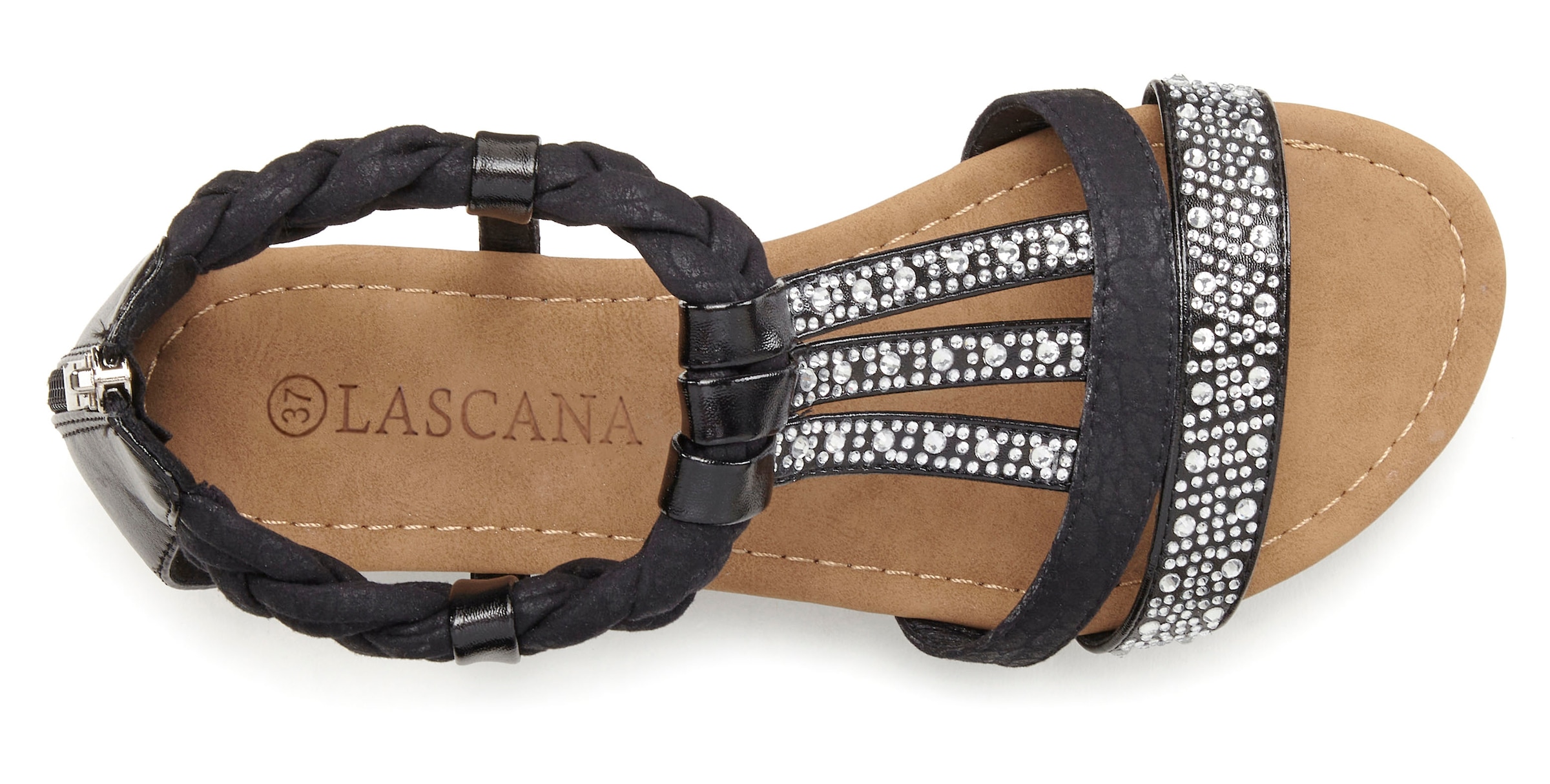 LASCANA Sandale »Sommerschuh, Sandalette«, mit Glitzersteinen und kleinem Keilabsatz im Festival-Look VEGAN