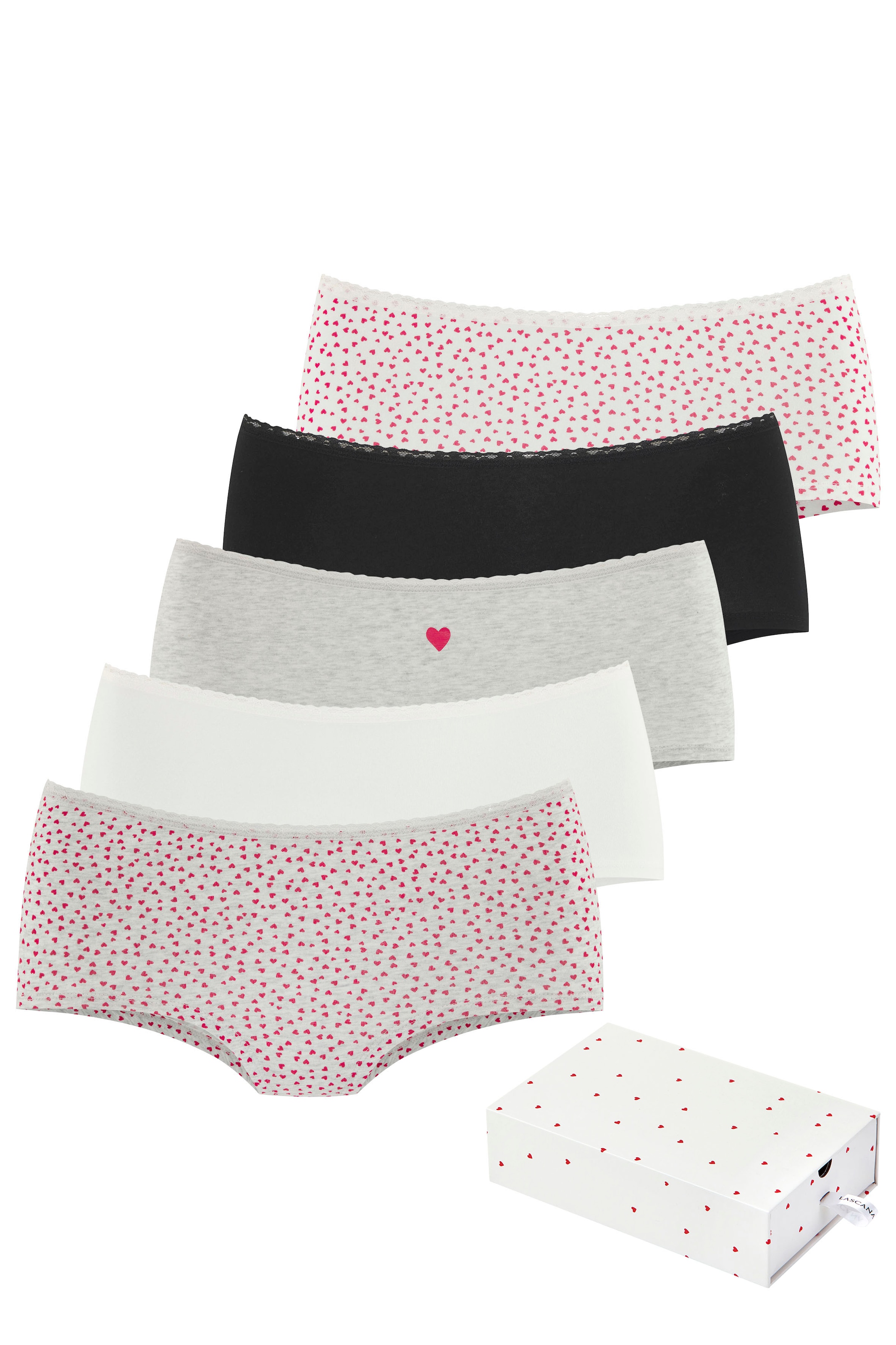 LASCANA Panty, (5er-Pack), mit süßen Herzchen-Prints und aus elastischer Baumwoll-Qualität
