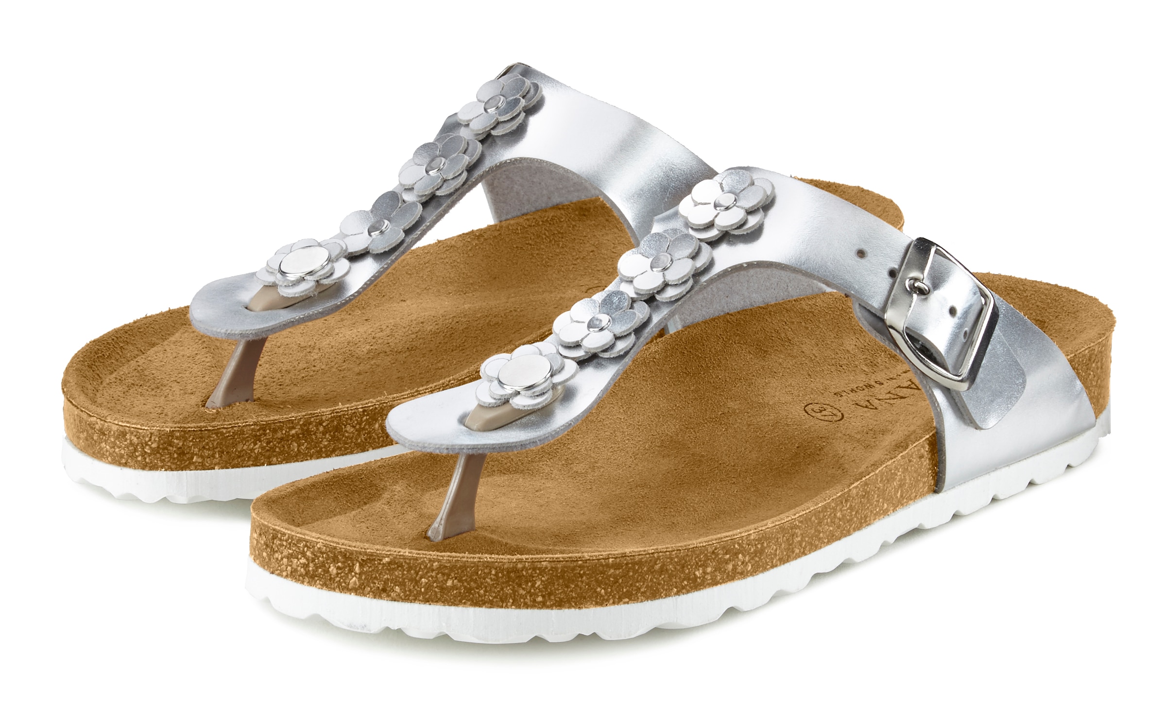 LASCANA Zehentrenner »Sandale, Pantolette, offener Schuh, Sommerschuh,«  glänzende metallische Optik, Textil-Innenmaterial, aus Lederimitat