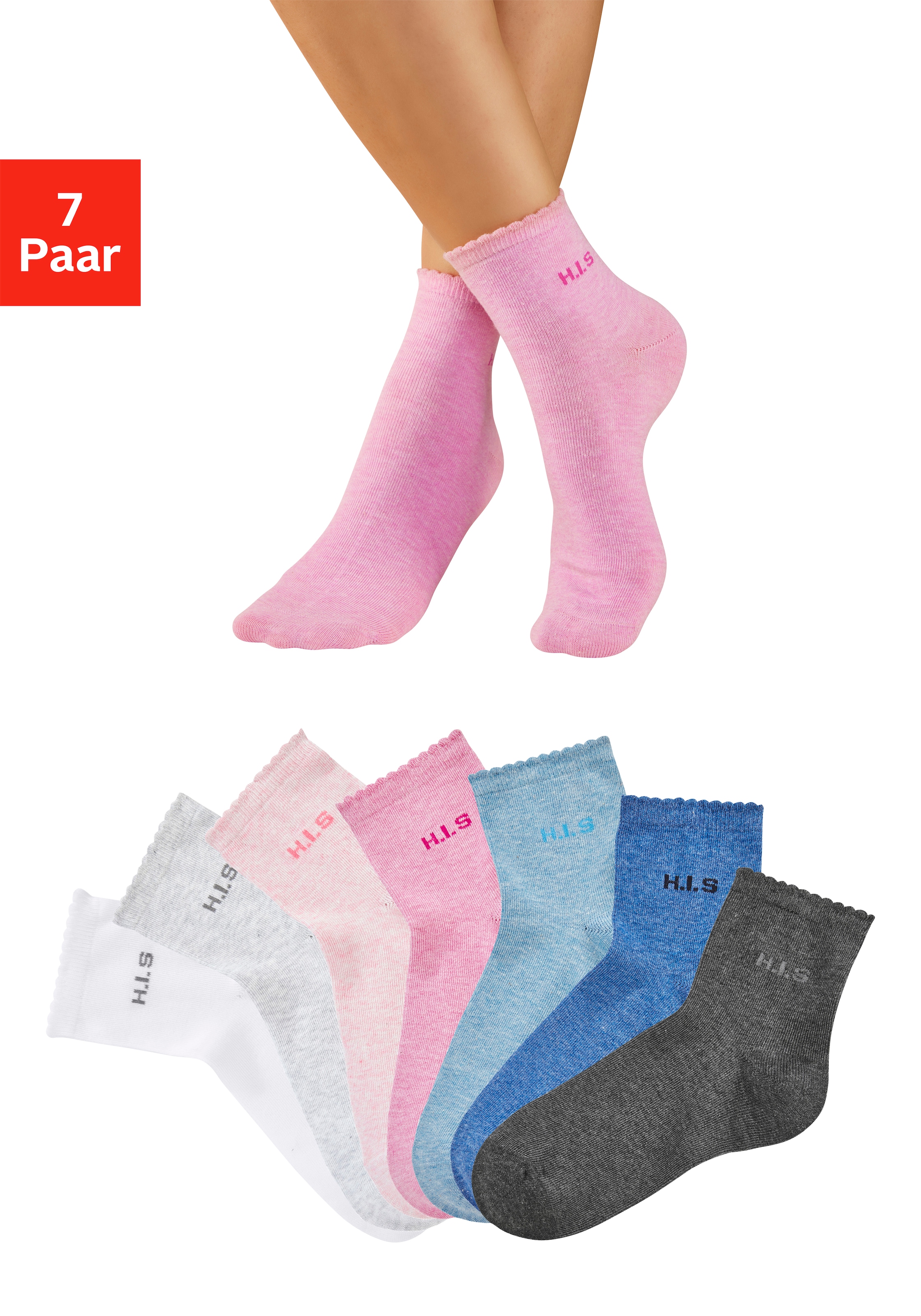H.I.S Kurzsocken »Damen uni und meliert für die ganze Woche« Packung, 7 Paar tlg. mit gewelltem Bündchen