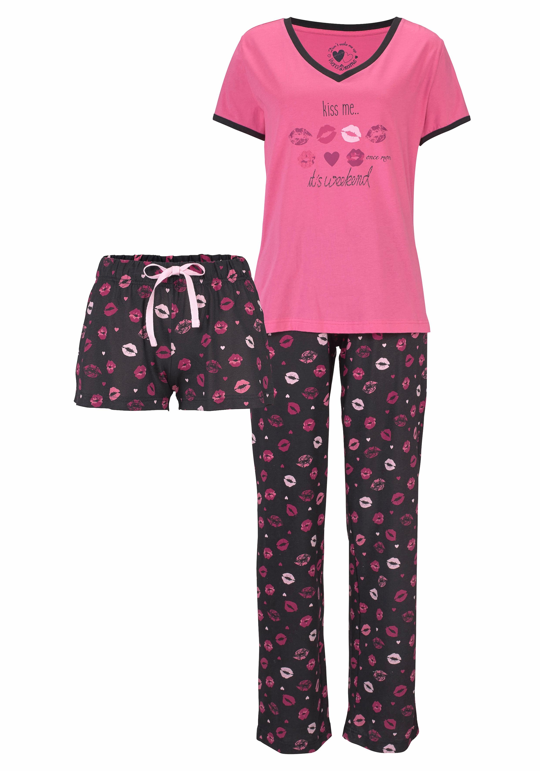 Vivance Dreams Pyjama, (Set, 3 teilig), mit Kussmund-Print