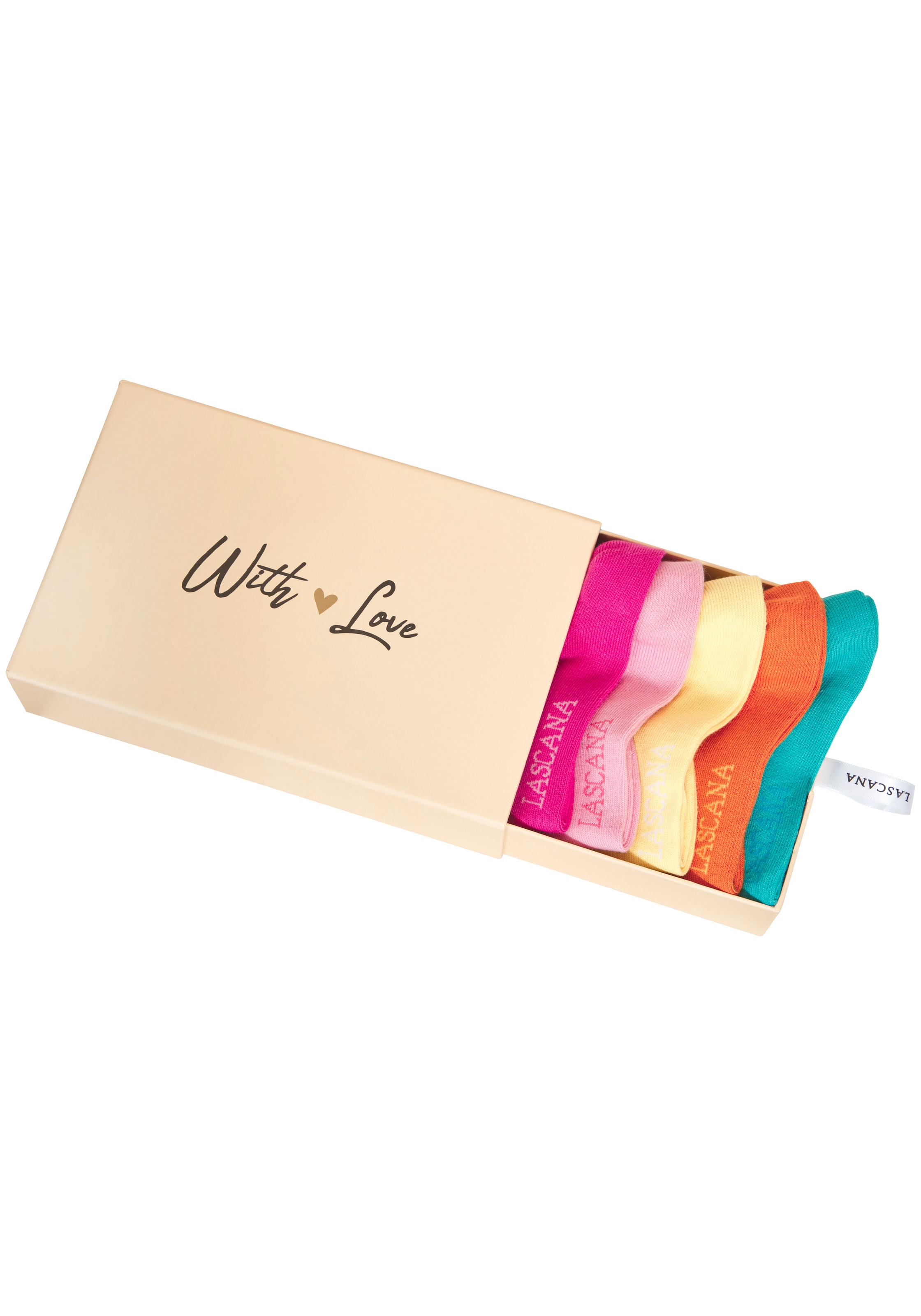 LASCANA Sneakersocken »für Damen mit eingestricktem Markenlogo« Box, Box, 7 Paar tlg. in ansprechender Geschenkbox