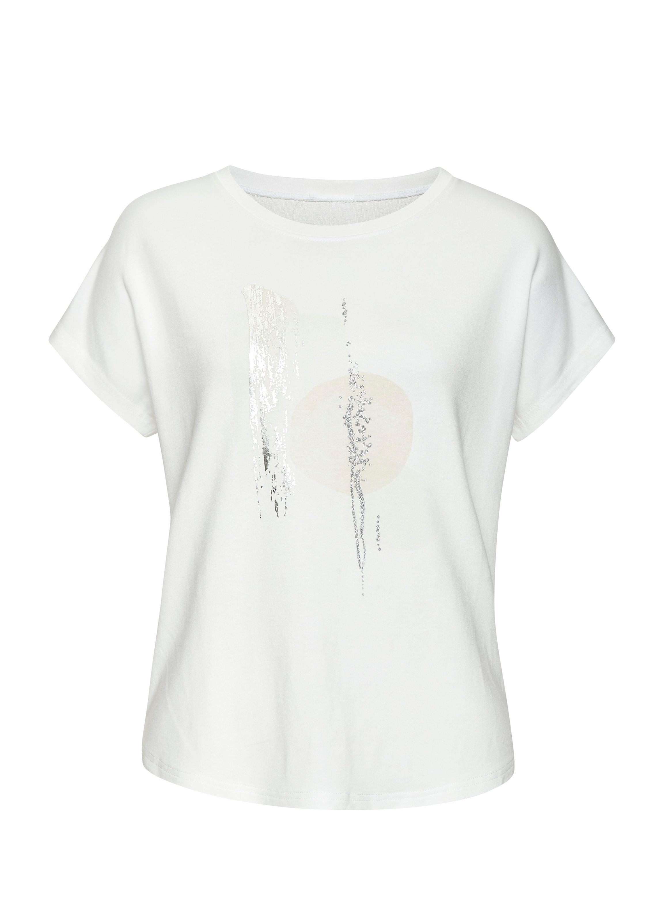 LASCANA Rundhalsshirt »mit schimmerndem Folienprint«, aus hochwertiger French Terry-Qualität aus Viskose