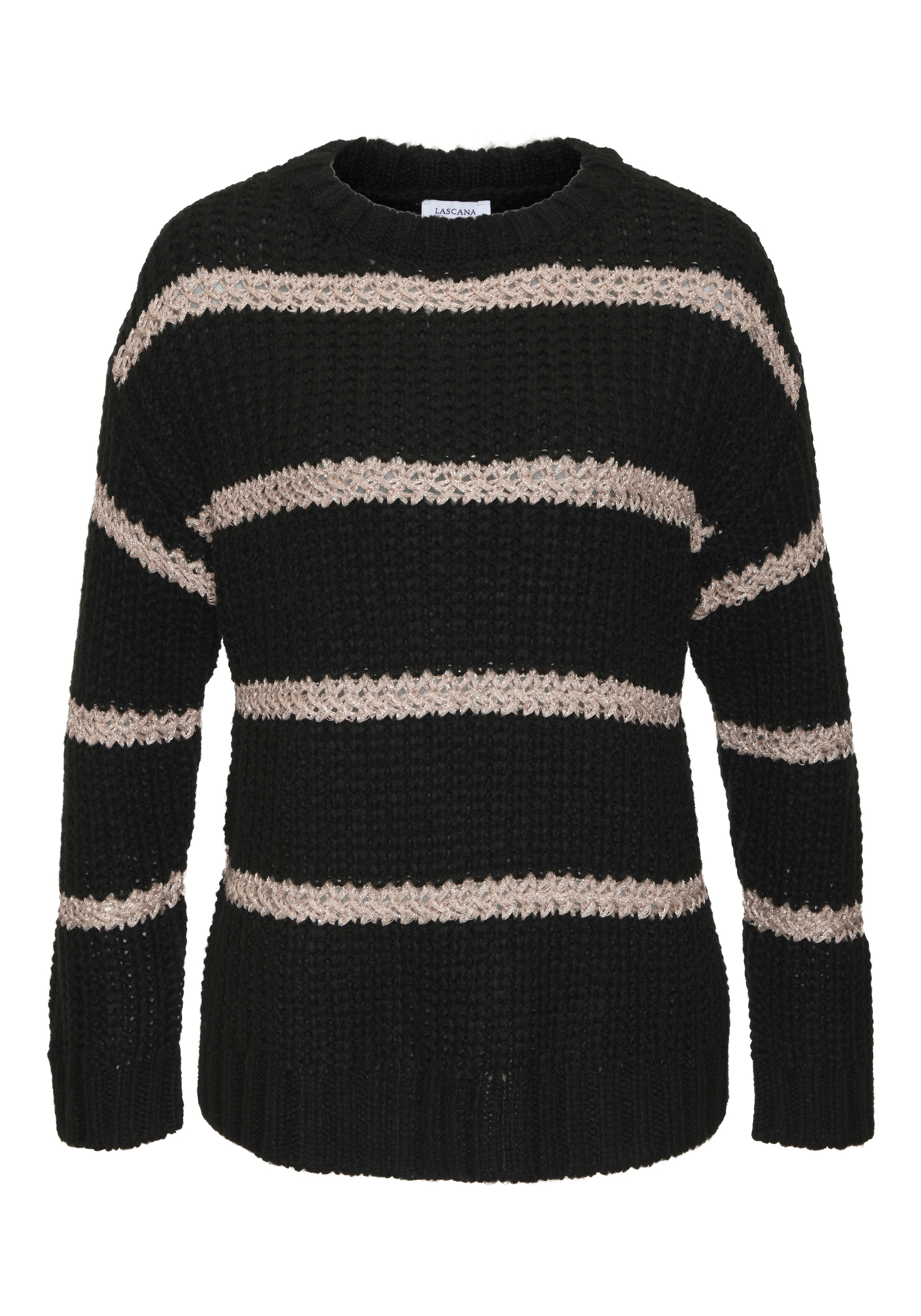 LASCANA Strickpullover »mit Streifenmuster und Lurexgarn aus Grobstrick« Rundhalspullover mit Glitzergarn-Details, Grobstrickpullover, casual