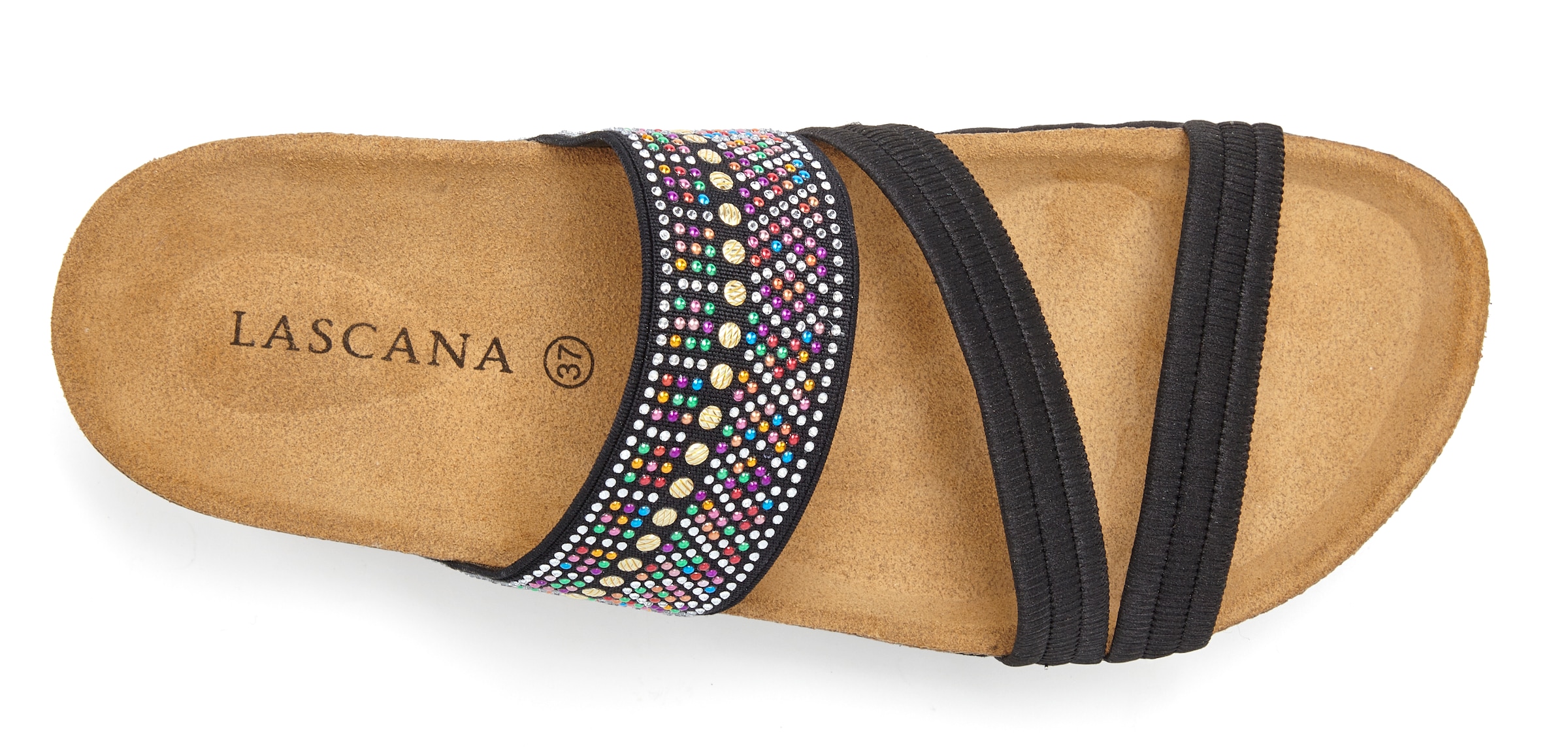 LASCANA Pantolette »Mule, Sandale, offener Schuh, Sommerschuh,«  mit Komfortkorkfußbett aus Leder und elastischen Riemen
