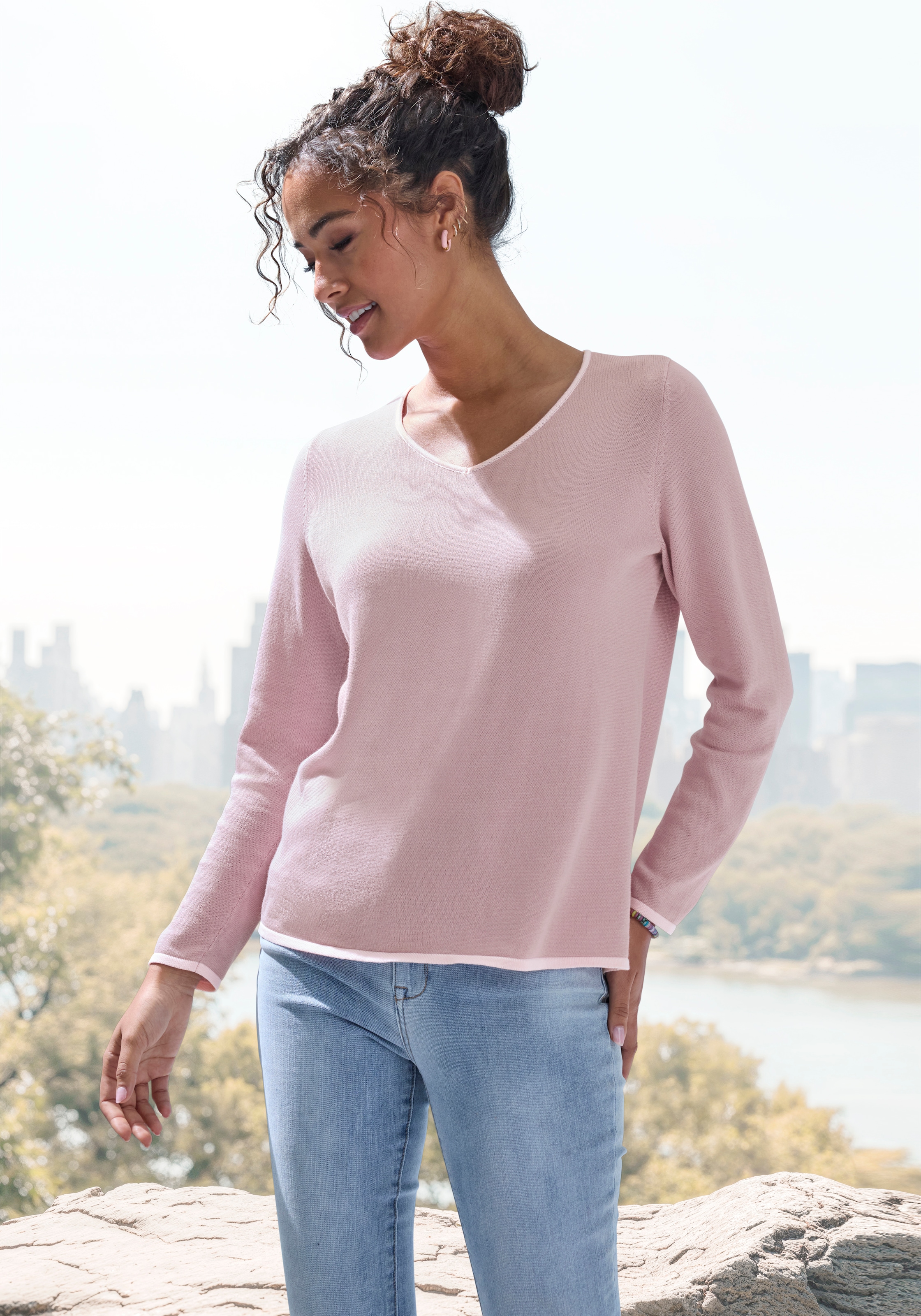 Vivance V-Ausschnitt-Pullover mit Kontrastkanten, Basic-Pullover aus weichem Feinstrick, casual