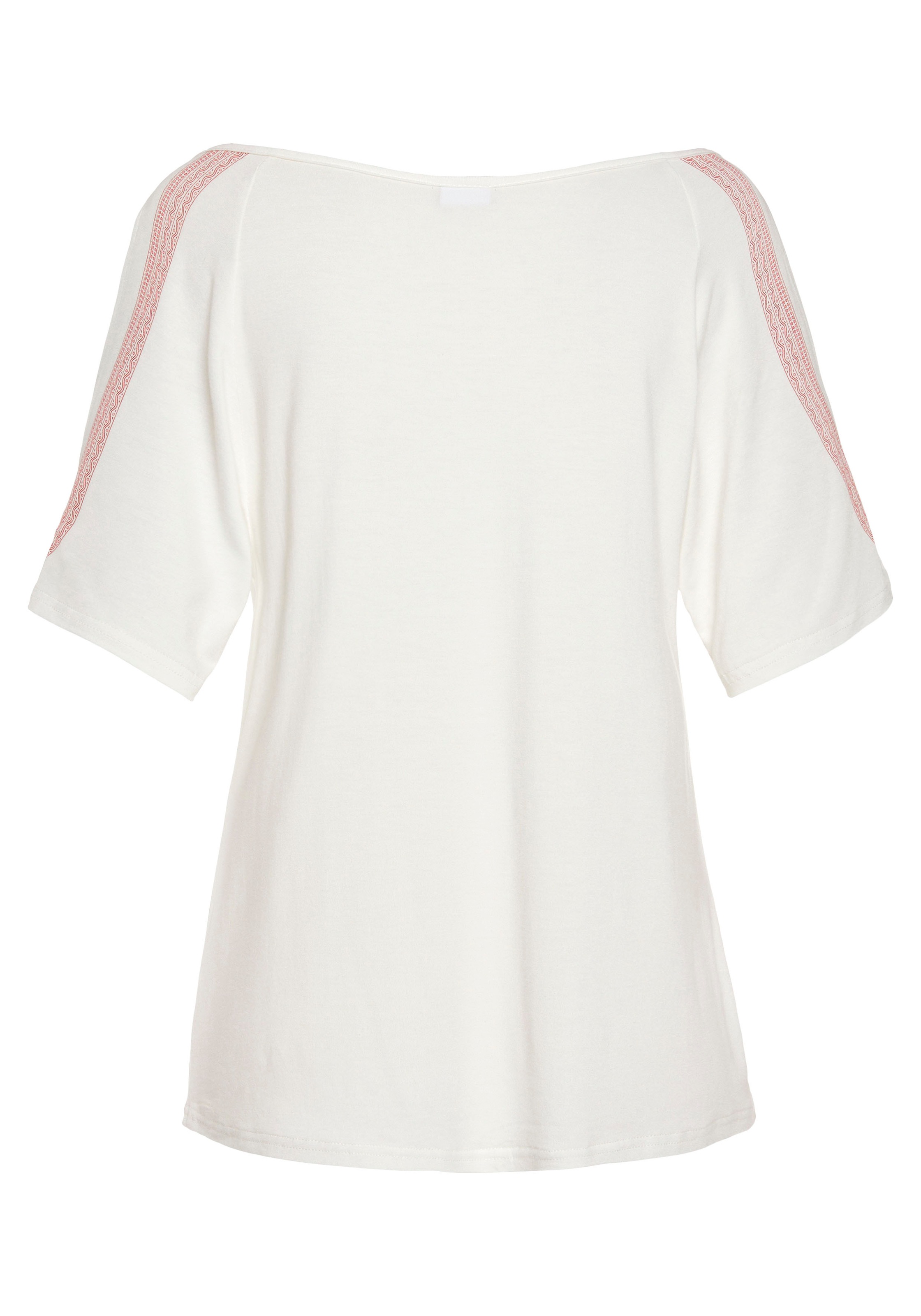 LASCANA Kurzarmshirt, mit platziertem Druck und Bindeband, Blusenshirt, locker-luftig
