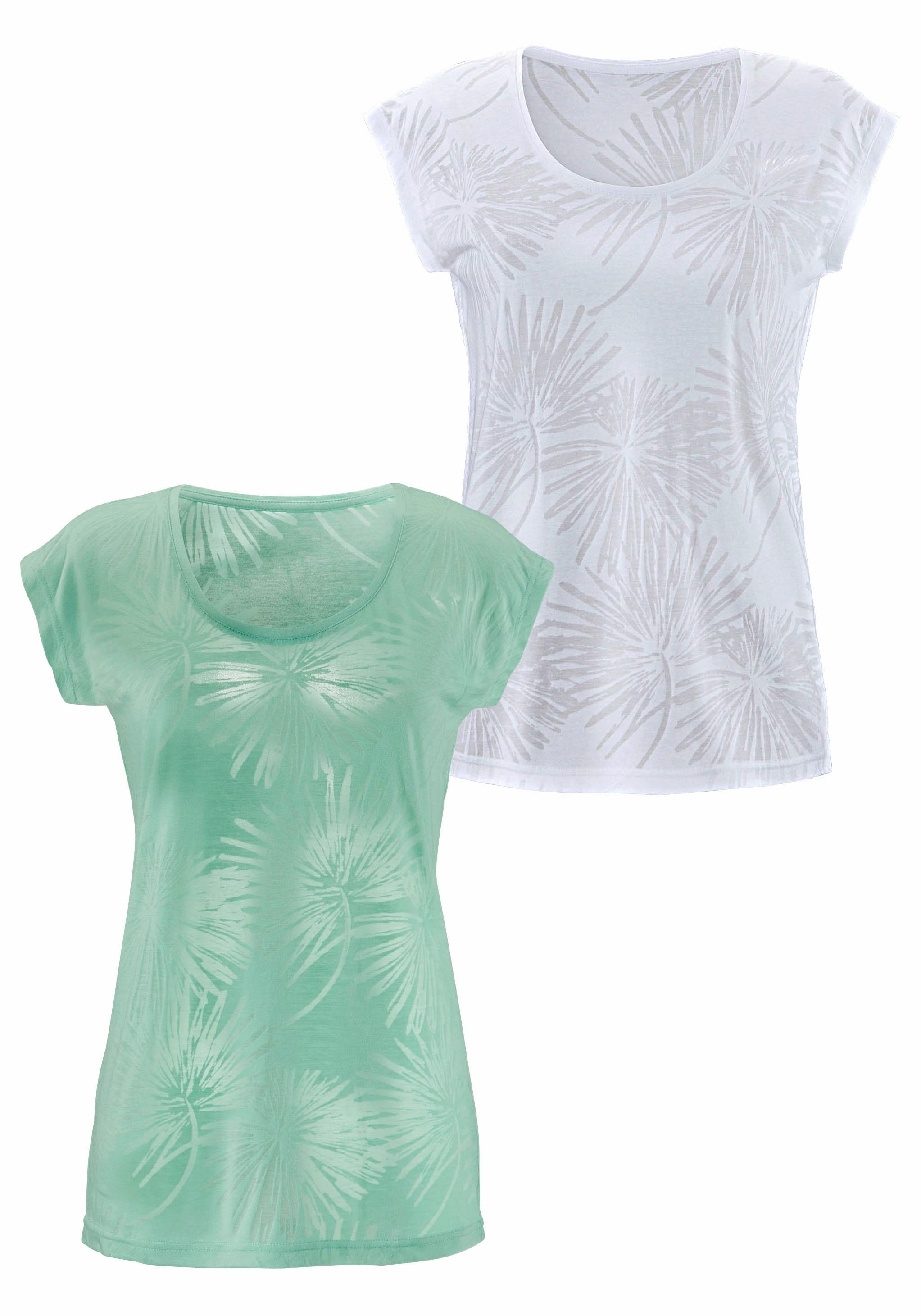Beachtime T-Shirt, (2er-Pack), Ausbrenner-Qualität mit leicht transparenten Palmen
