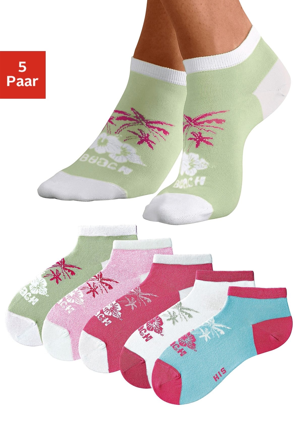 H.I.S Sneakersocken, (Set, 5 Paar), im farbenfrohen Hawaii Design