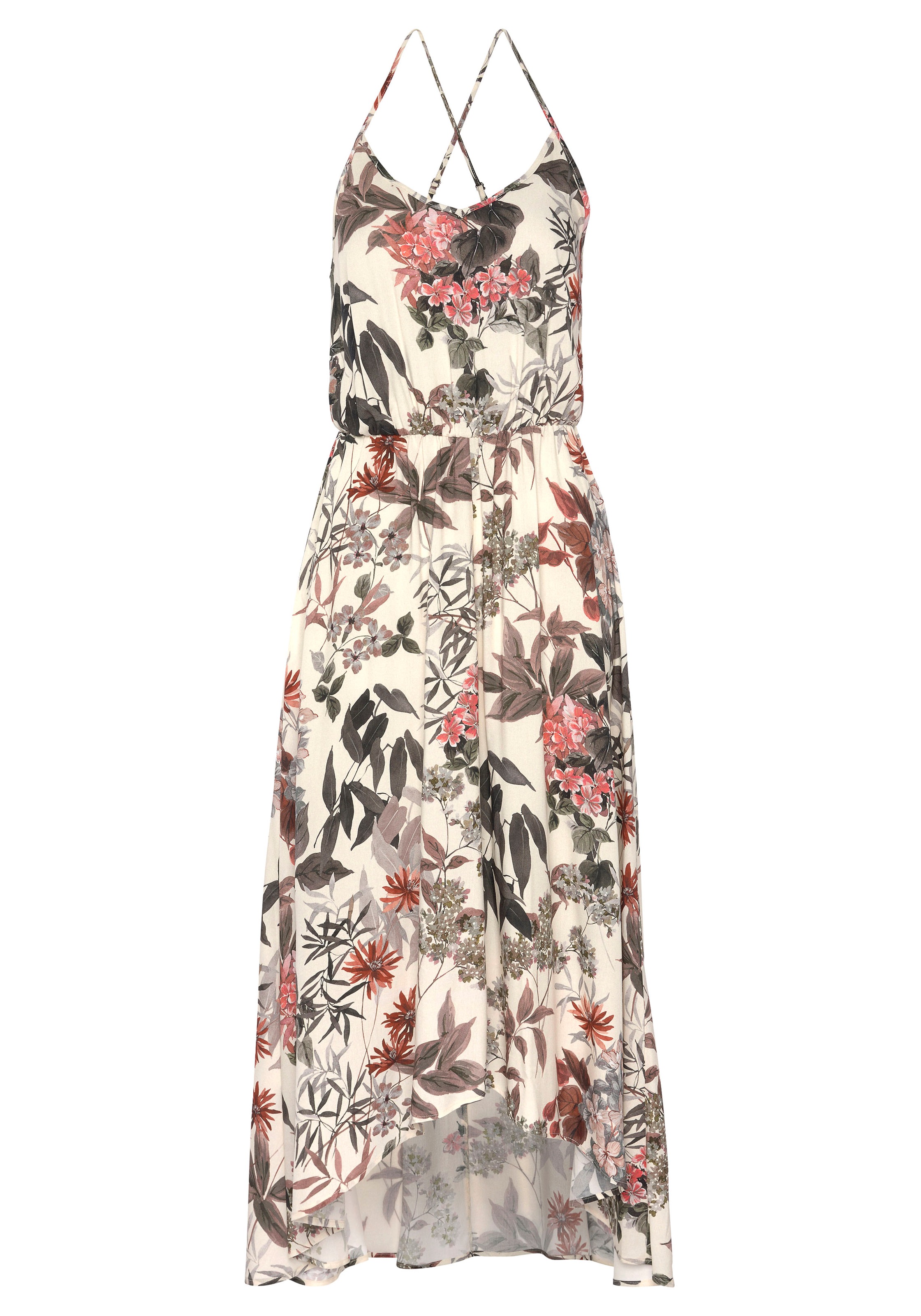 LASCANA Maxikleid, mit Blumenprint, leichtes Sommerkleid im Vokuhila-Stil, Strandkleid