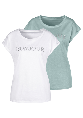 Vivance T-Shirt, (Packung, 2 tlg.), mit modischem Frontdruck "Bonjour"