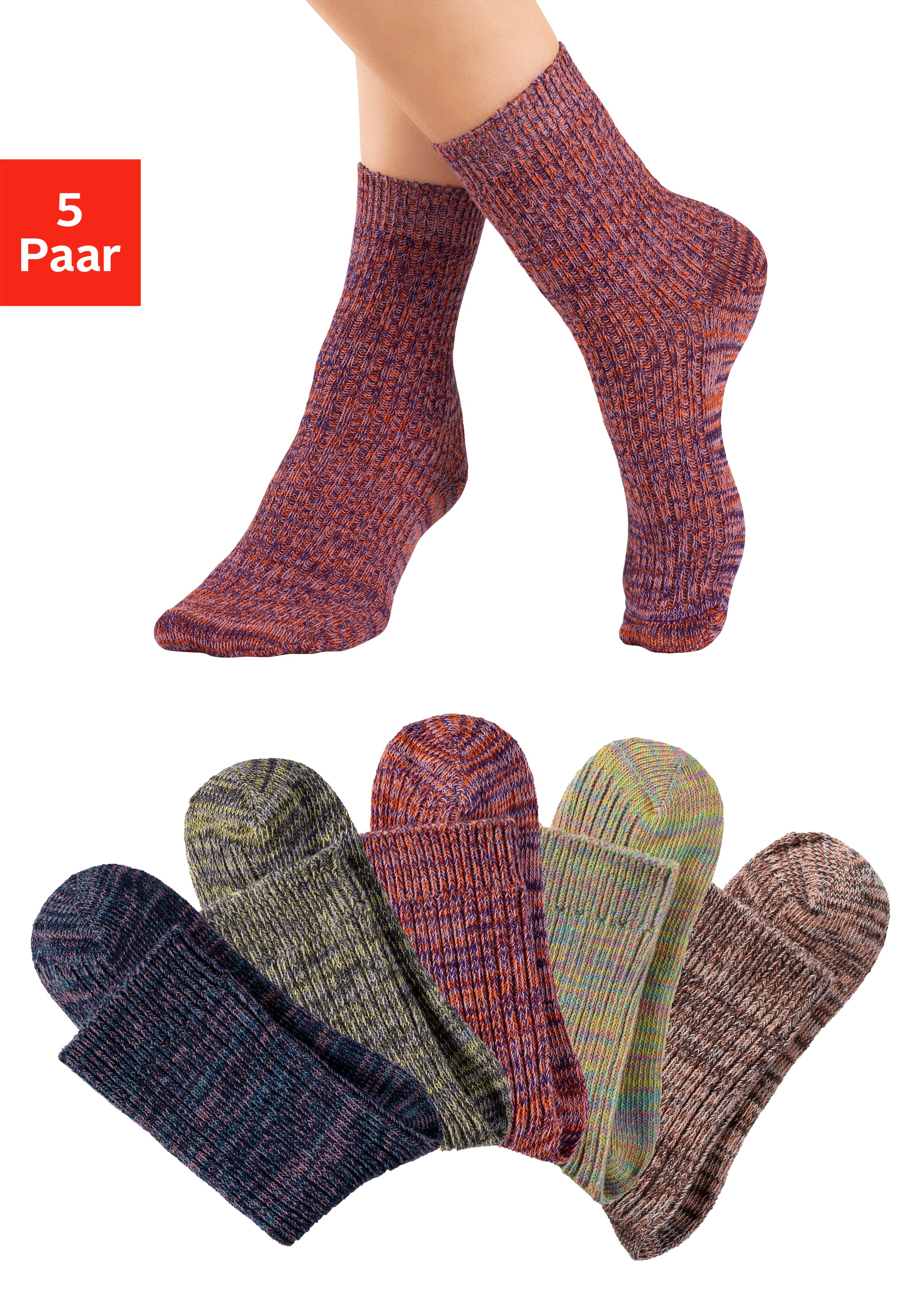 LASCANA Socken, (Packung, 5 Paar), gestrickt mit farbigen Garnen