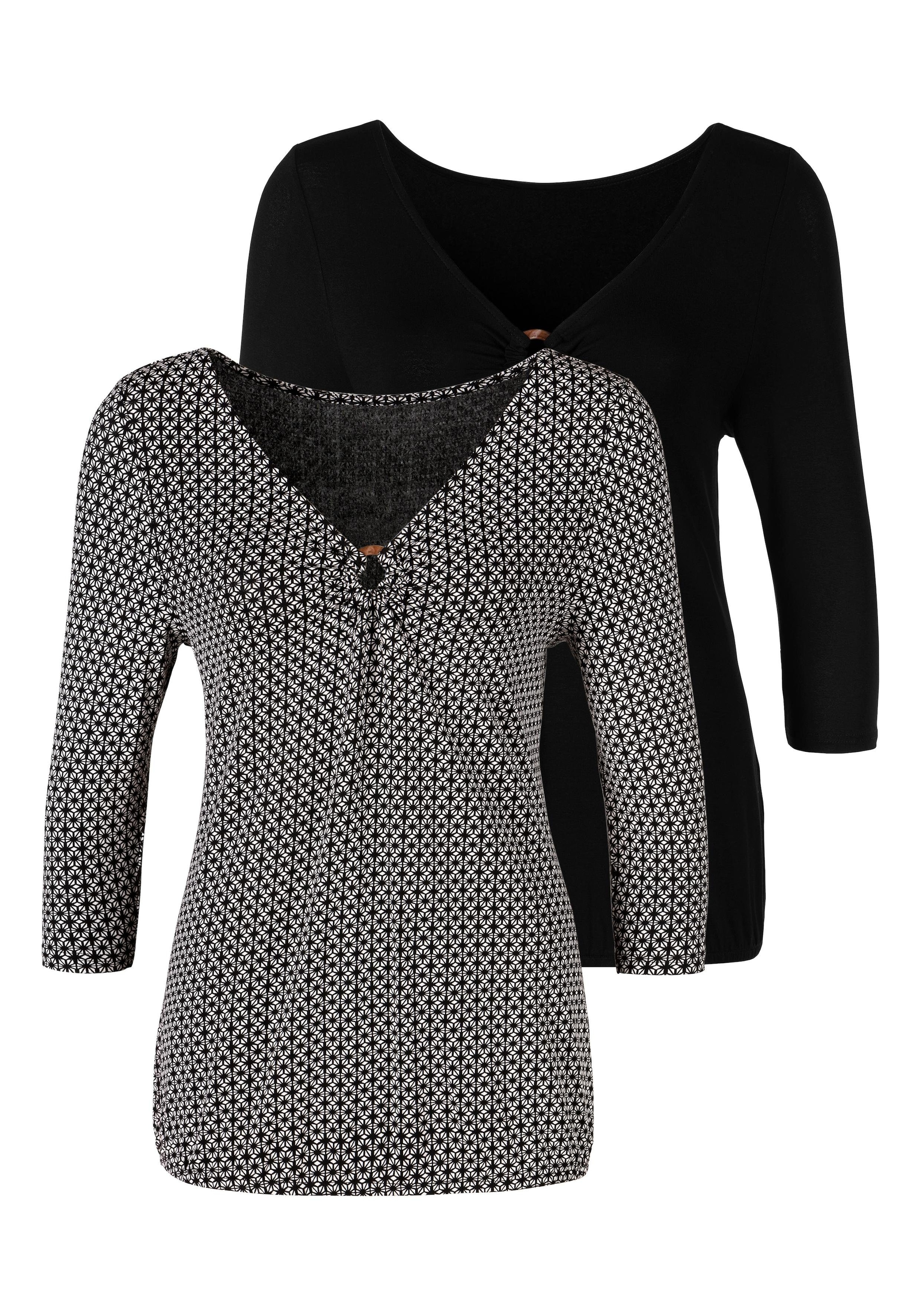 LASCANA 3/4-Arm-Shirt, (2er-Pack), mit Ringeinsatz in Hornoptik vorn
