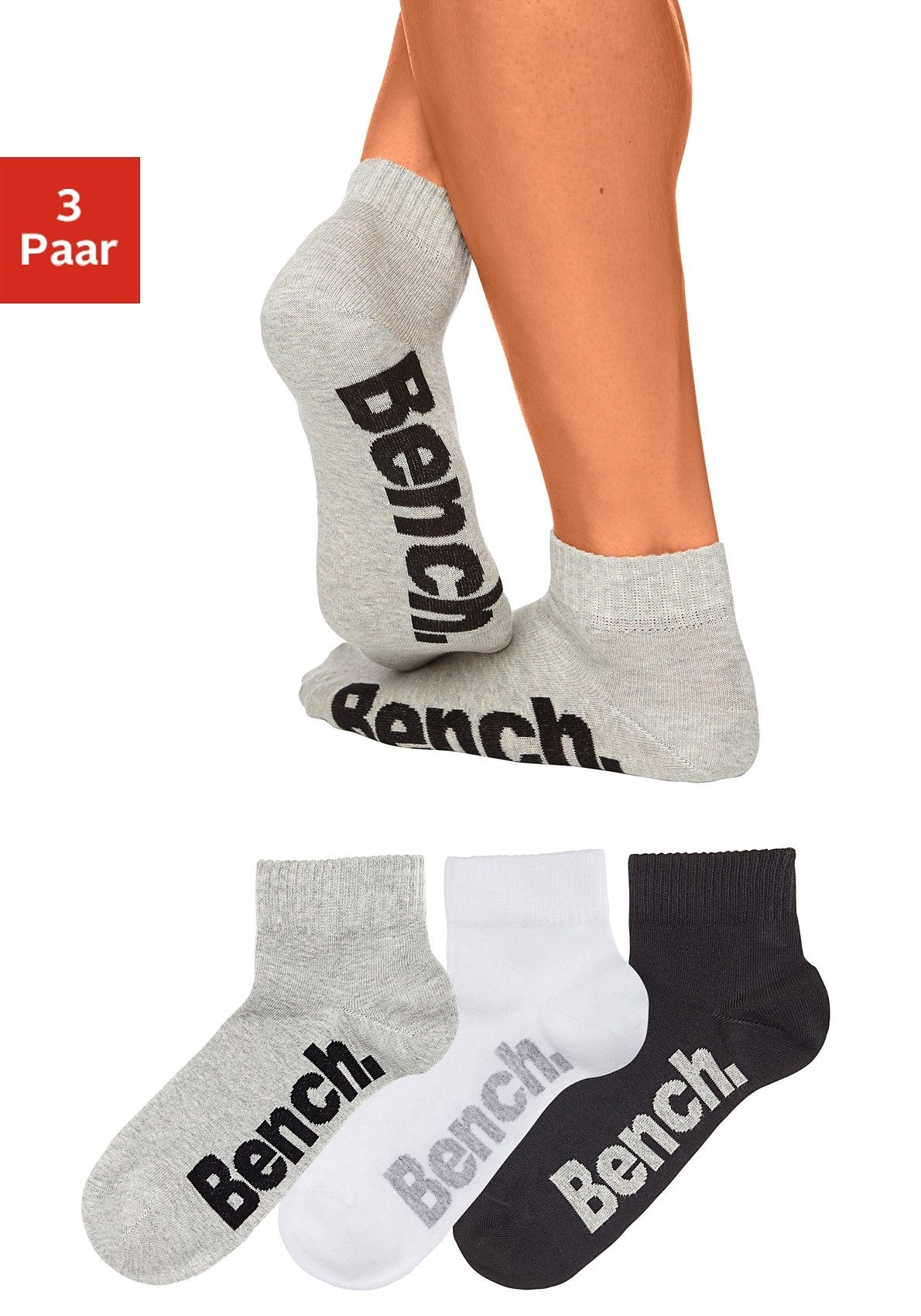 Bench. Kurzsocken, (Set, 3 Paar), mit bequemen Rippbündchen