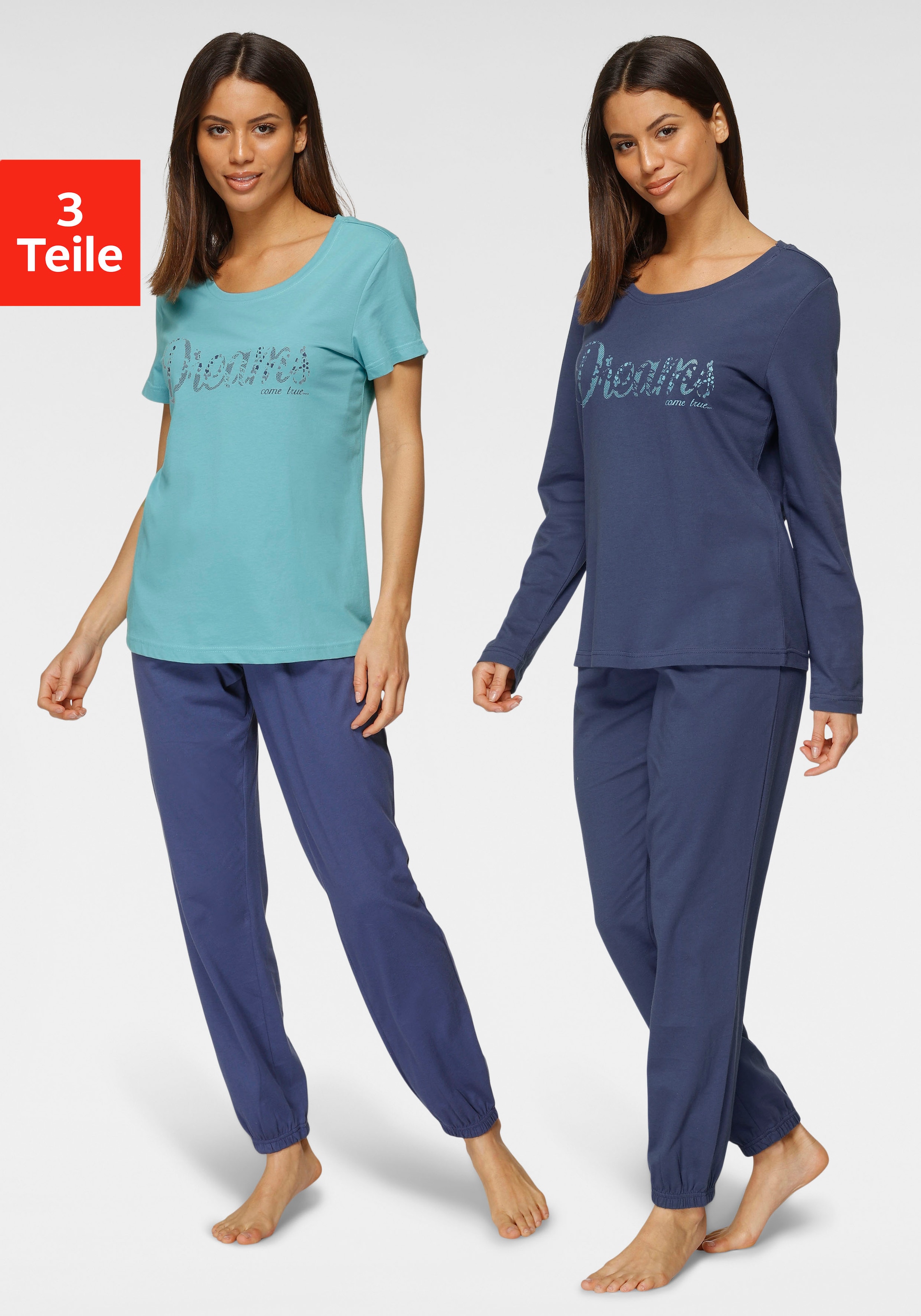 Vivance Dreams Pyjama, (Set, 3 Bademode, kaufen Lingerie Frontschriftzug online mit LASCANA » tlg.), | & Unterwäsche