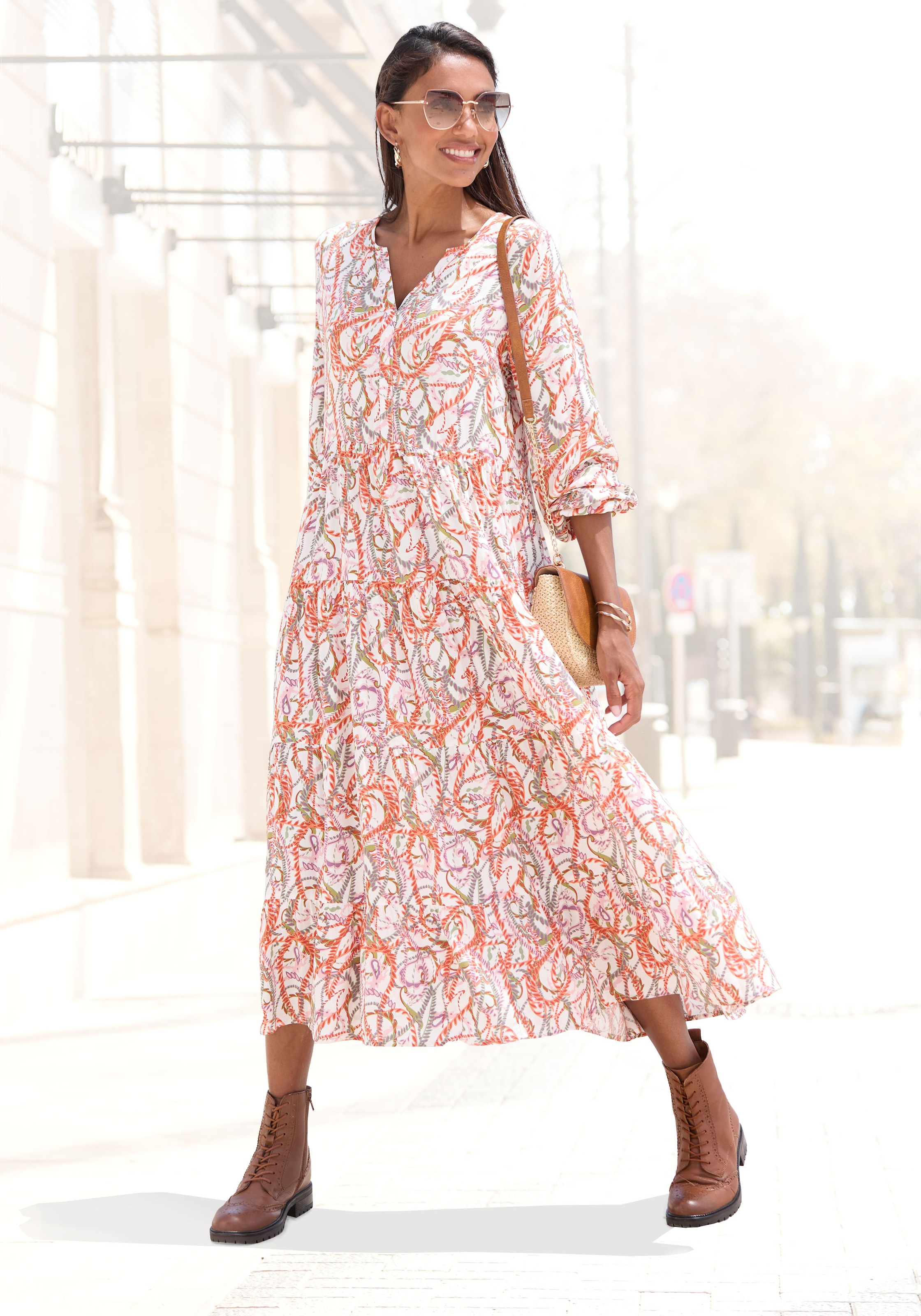 LASCANA Maxikleid, mit Alloverprint und Volants, langärmlig, Druckkleid, casual-chic