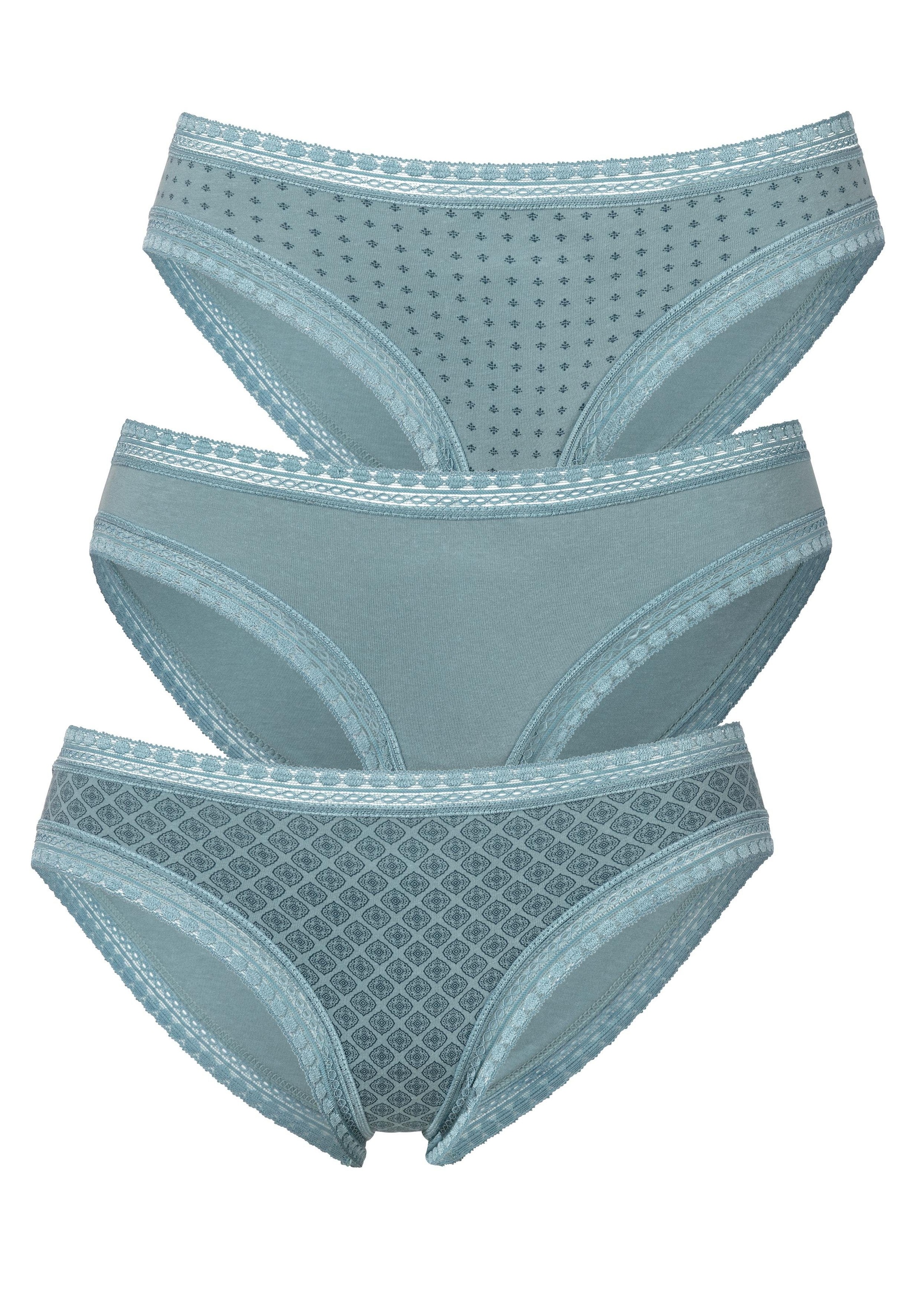 LASCANA Bikinislip, (Packung, 3 St.), aus elastischer Baumwolle mit weicher Spitze